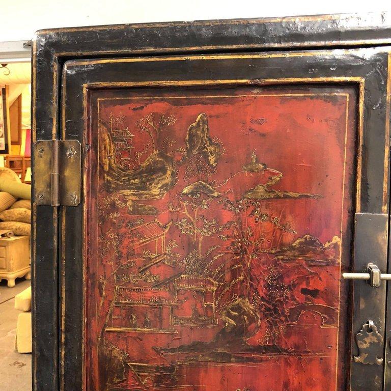 Wood Antique 18th Century Chinese Red and Black Lacquered Cabinet For Sale