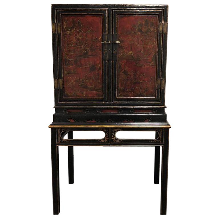 Antique 18th Century Chinese Red and Black Lacquered Cabinet For Sale