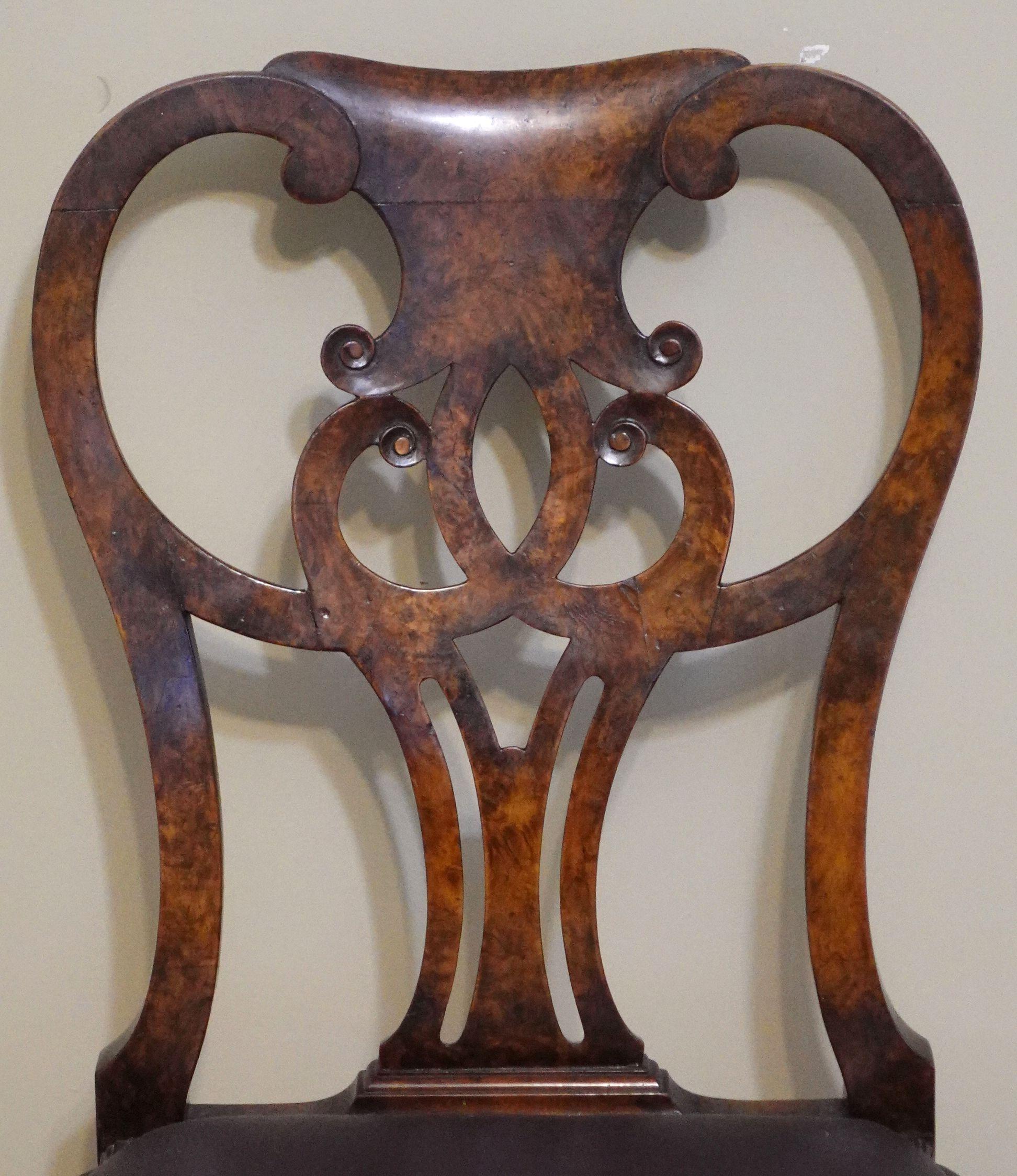 English Antique 18th Century Chippendale Walnut Side Chair Burl Walnut For Sale