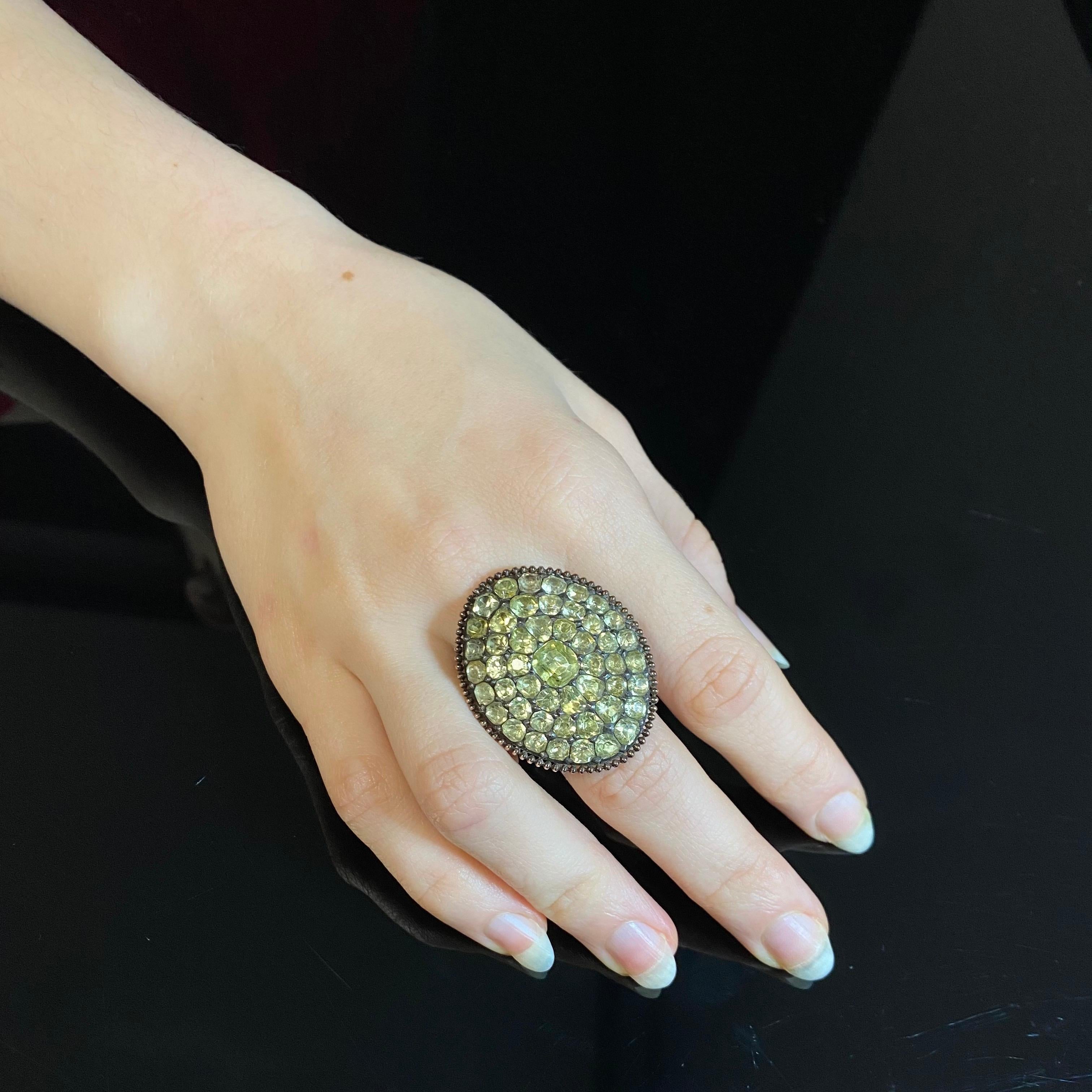 Antique Cushion Cut Antique 18th Century Chrysolite Chrysoberyl Cocktail Ring Portuguese, circa 1780