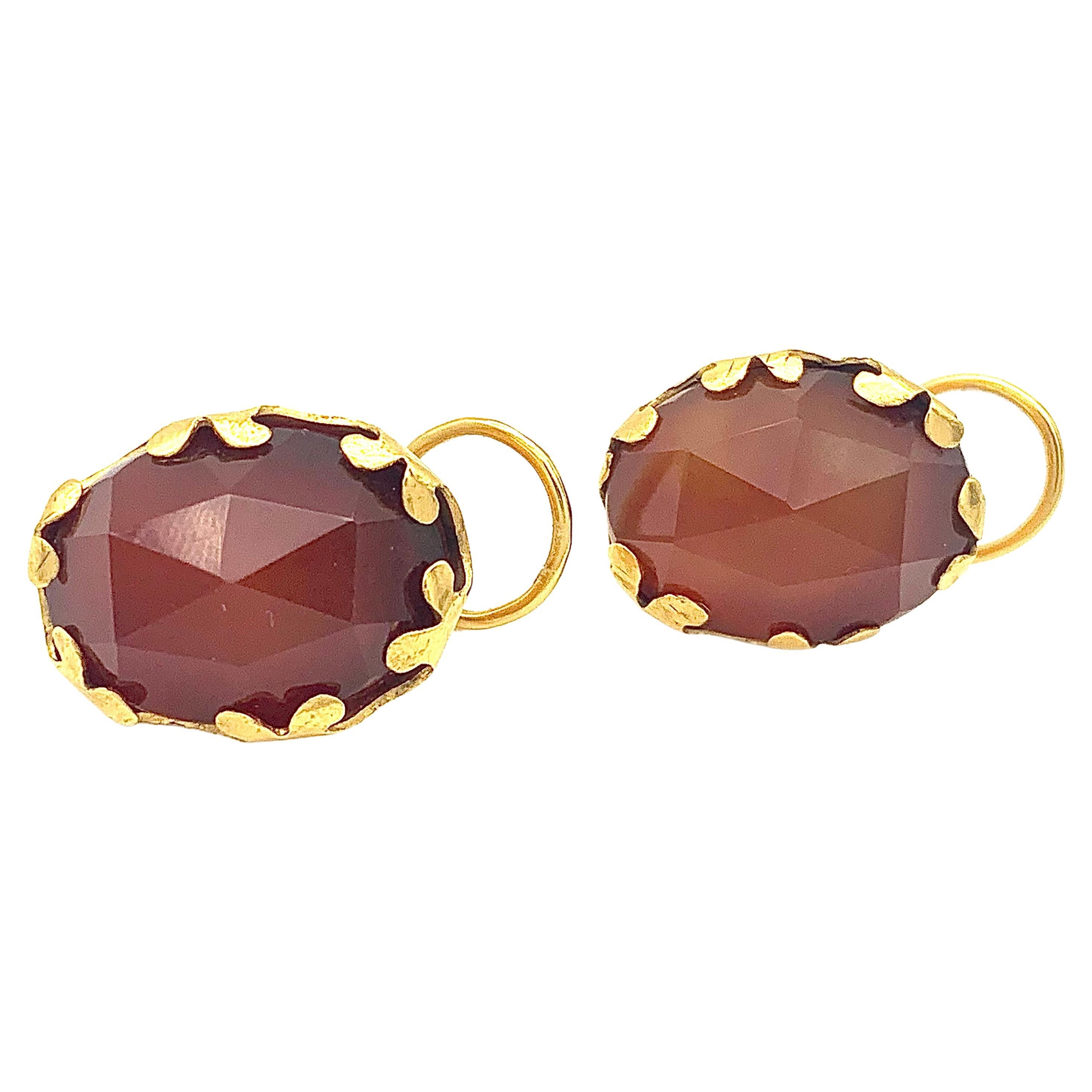 Antique 18th Century Clip-On Earrings Hoops Facetted Carnelian Ormolou For Sale