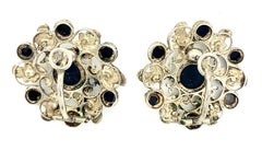 Antique 18th Century Clip-On Stud Earrings Accanthus Wheels Silver Black Glas