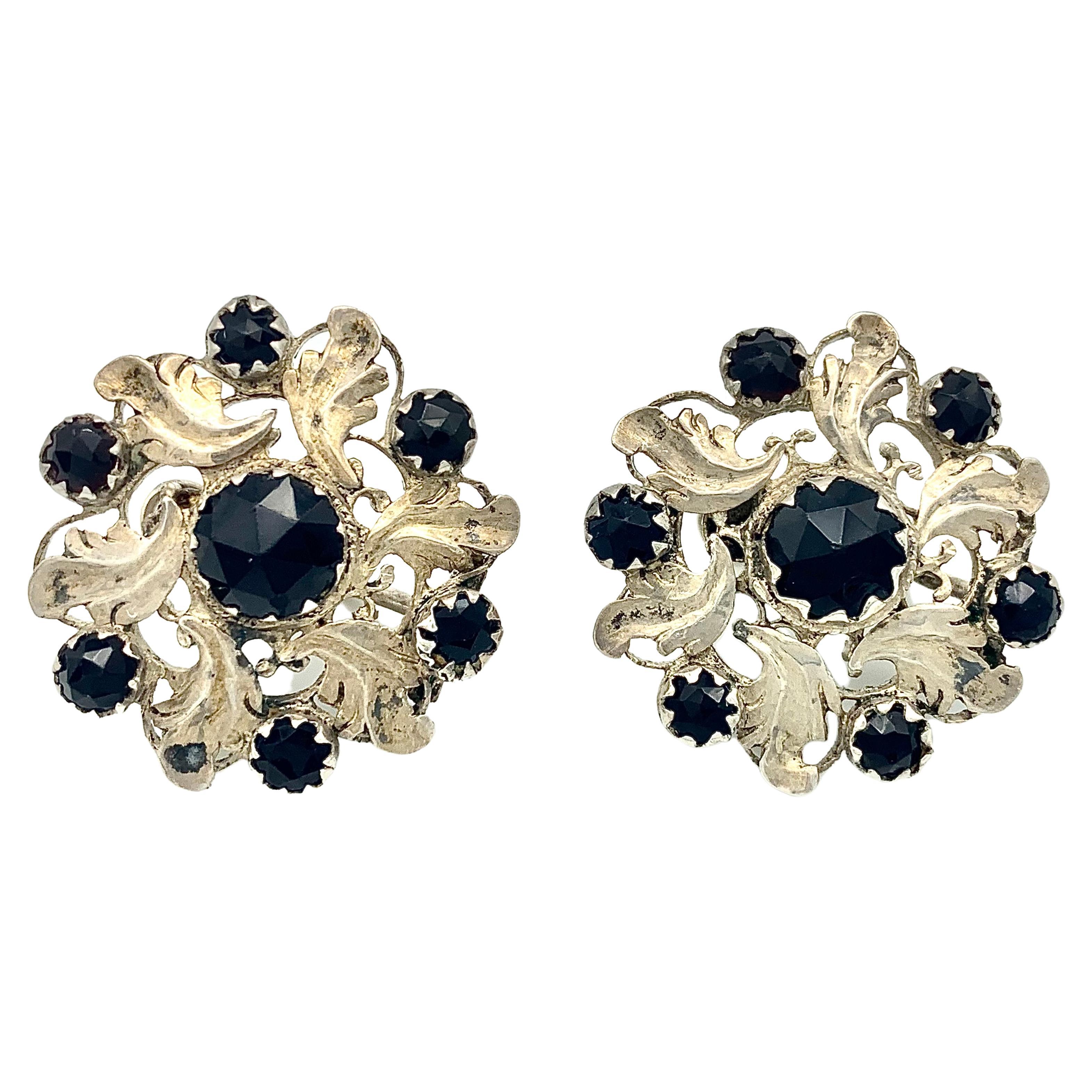 Antique 18th Century Clip-On Stud Earrings Accanthus Wheels Silver Black Glas