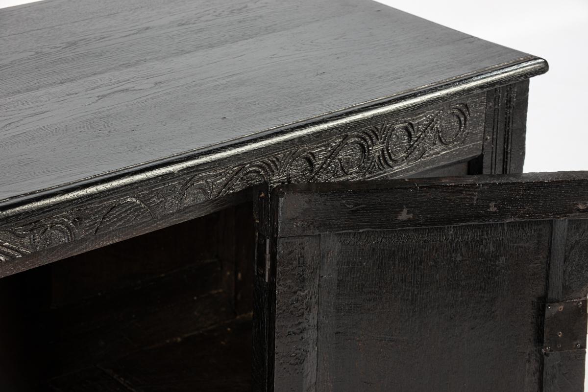Antique 18th century converted blacked oak and carved English chest or trunk 3
