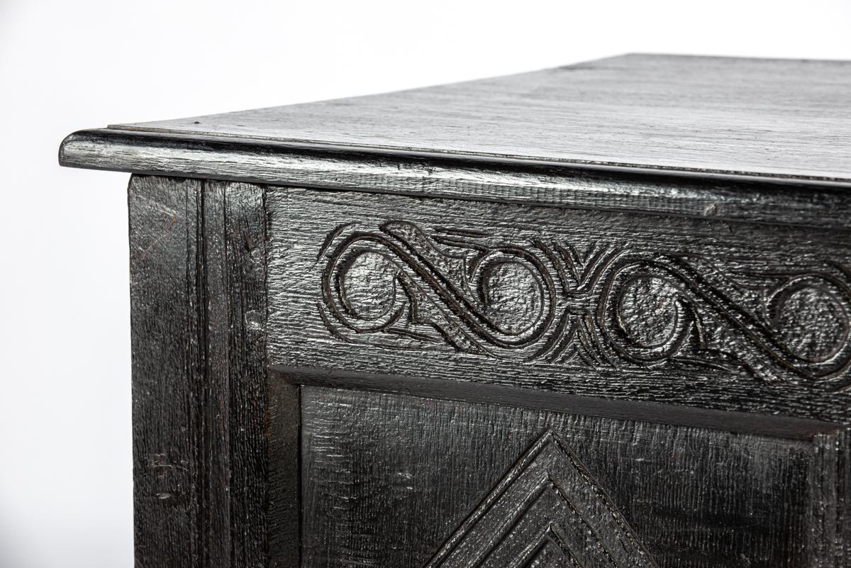 Antique 18th century converted blacked oak and carved English chest or trunk 5