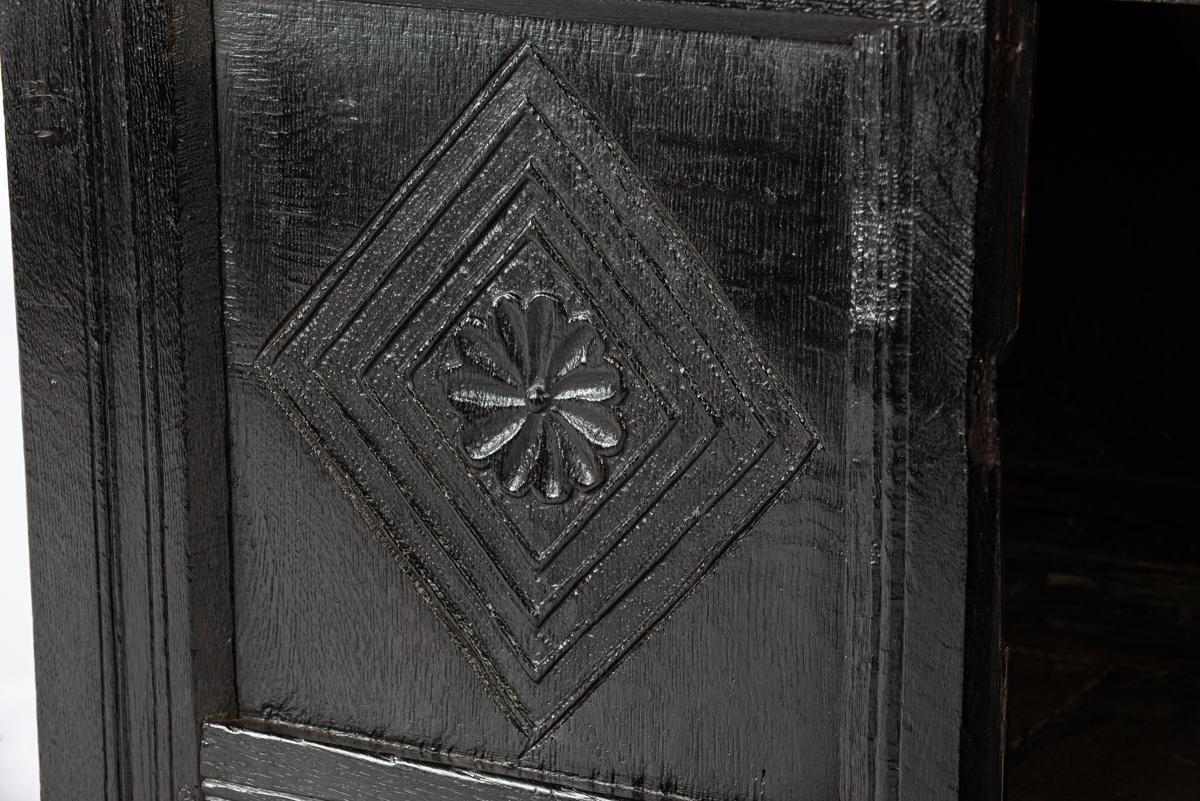 Antique 18th century converted blacked oak and carved English chest or trunk 6