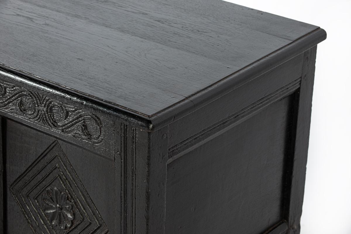 Antique 18th century converted blacked oak and carved English chest or trunk 9