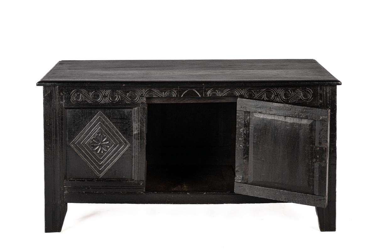 Antique 18th century converted blacked oak and carved English chest or trunk 1