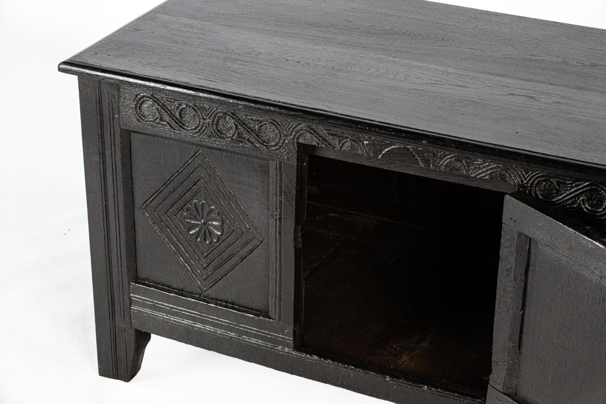 Antique 18th century converted blacked oak and carved English chest or trunk 2