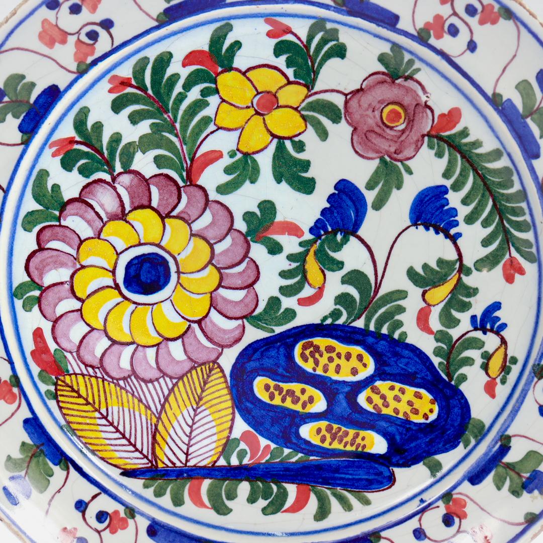 Baroque Antique 18th Century De Klaauw Dutch Delft Pottery Floral Plate For Sale