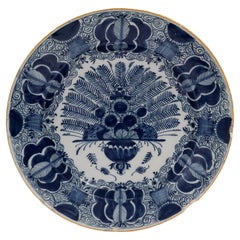 Antique 18th Century De Klaauw Dutch Delft Pottery Peacock Charger / Wall Plate