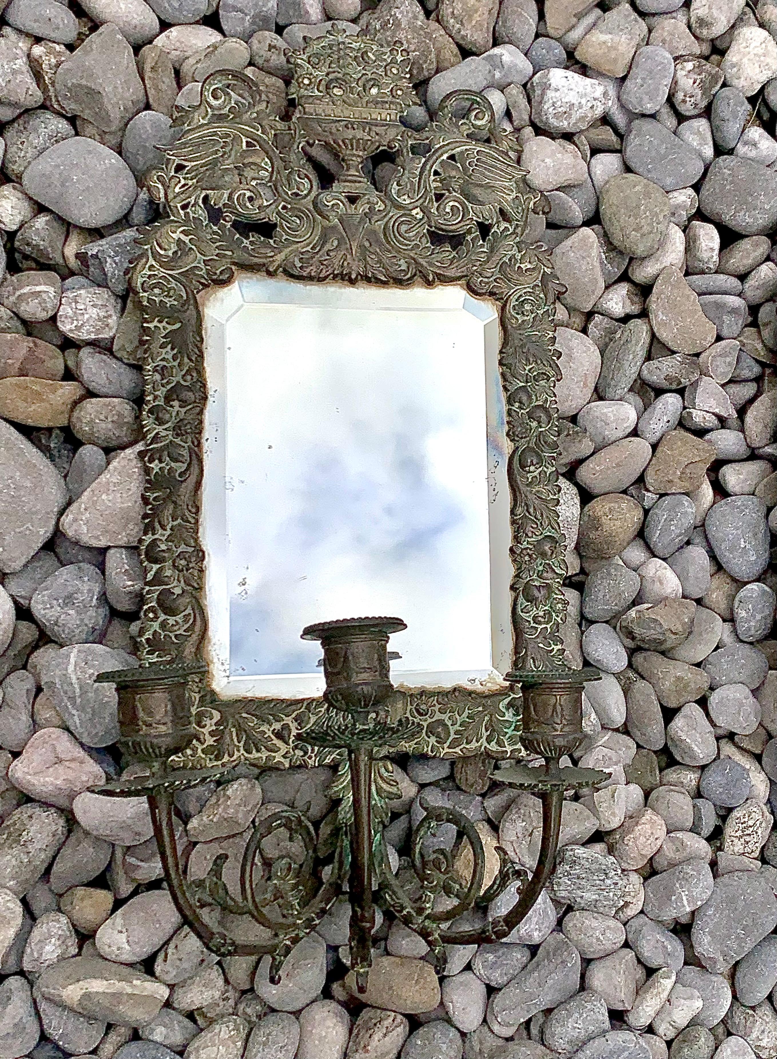 Antique 18th Century Double Eagle Wall Mirrors Candle Sconces Repoussé Brass For Sale 1