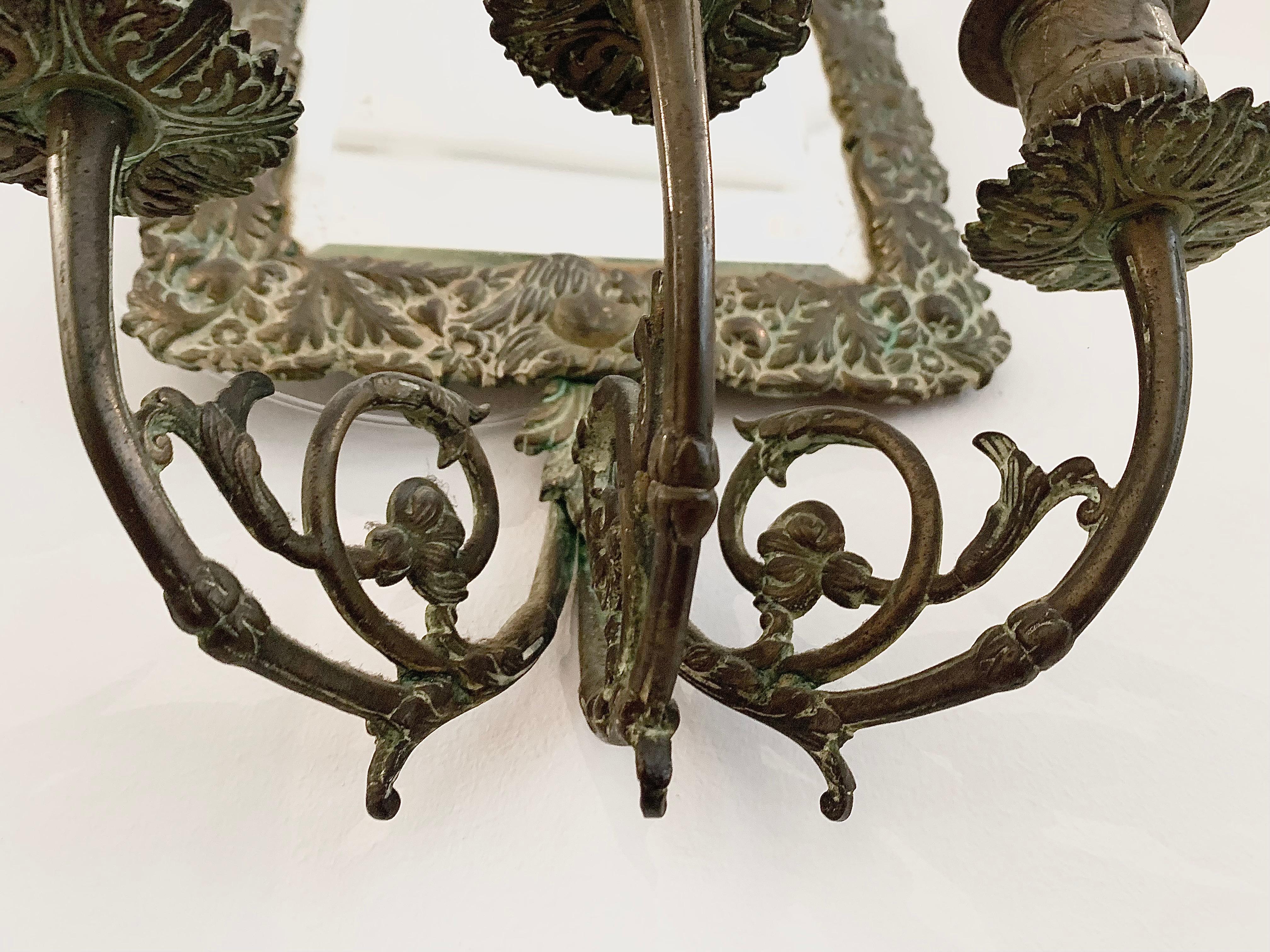 Antique 18th Century Double Eagle Wall Mirrors Candle Sconces Repoussé Brass For Sale 3