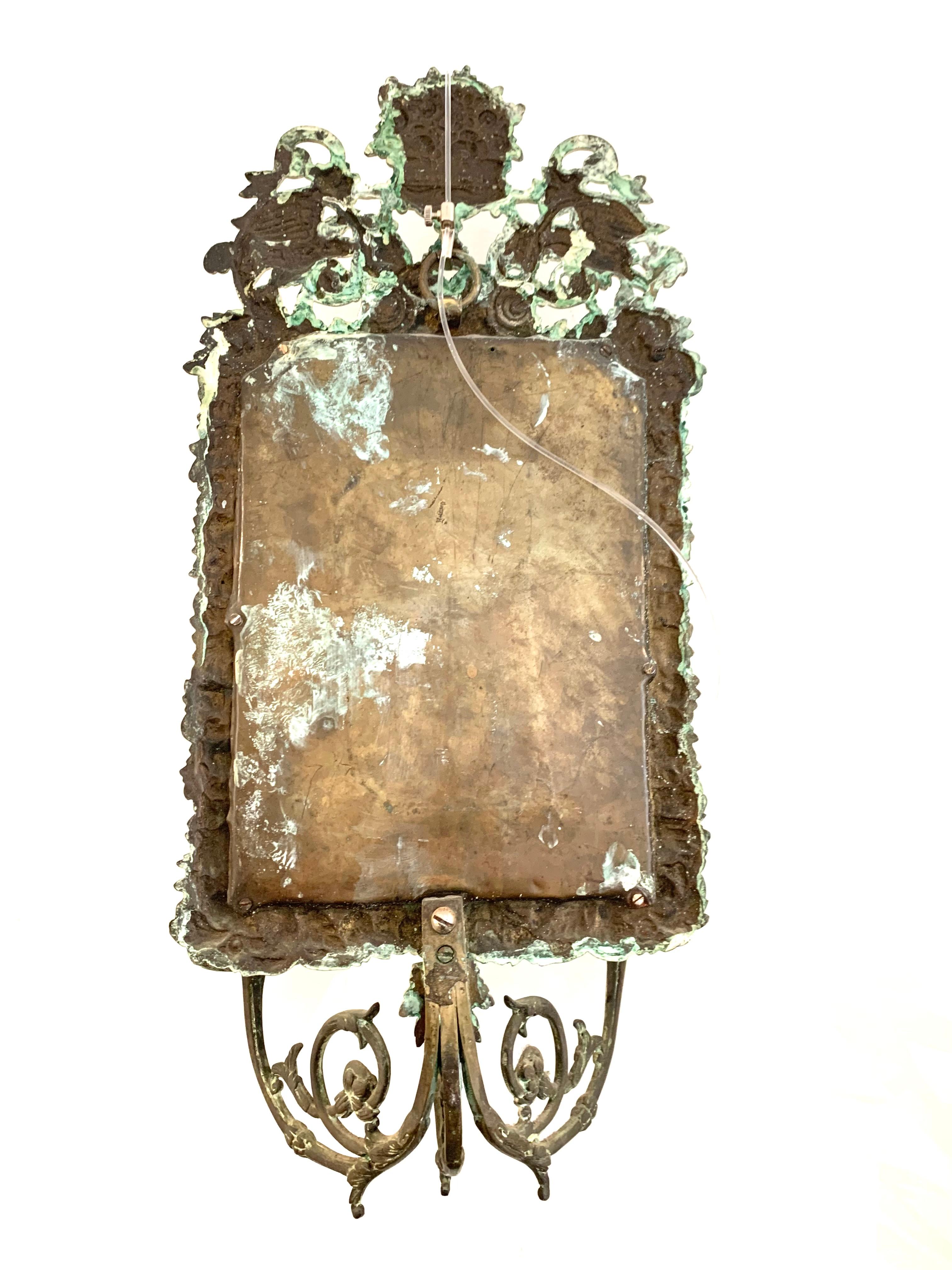 Antique 18th Century Double Eagle Wall Mirrors Candle Sconces Repoussé Brass For Sale 5