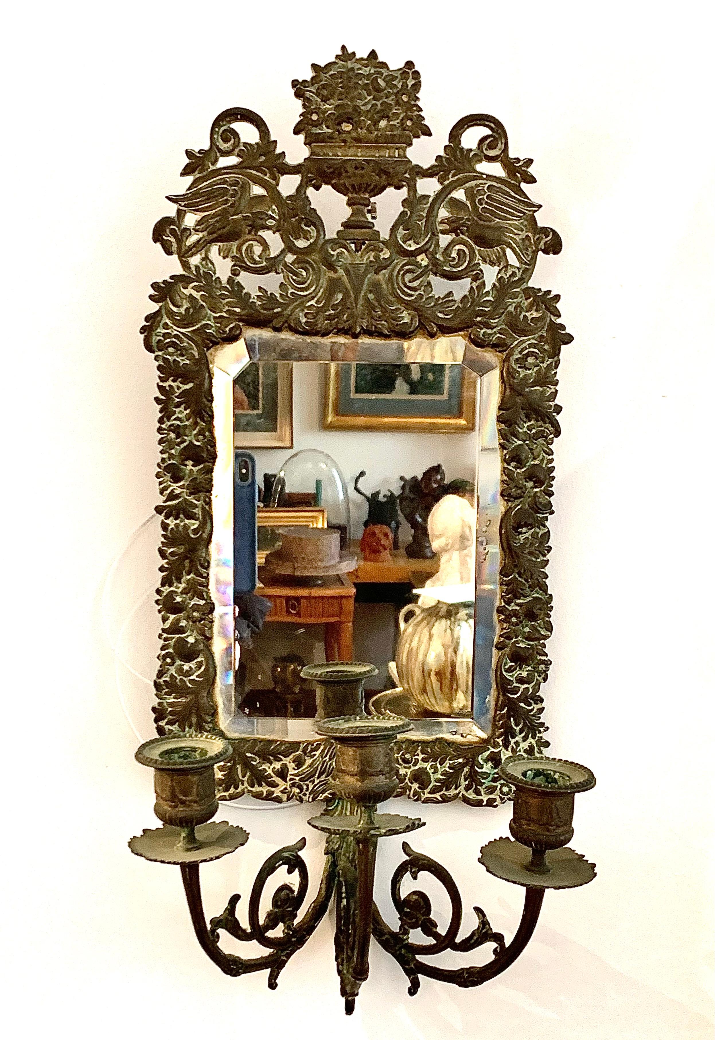Louis XVI Antique 18th Century Double Eagle Wall Mirrors Candle Sconces Repoussé Brass For Sale