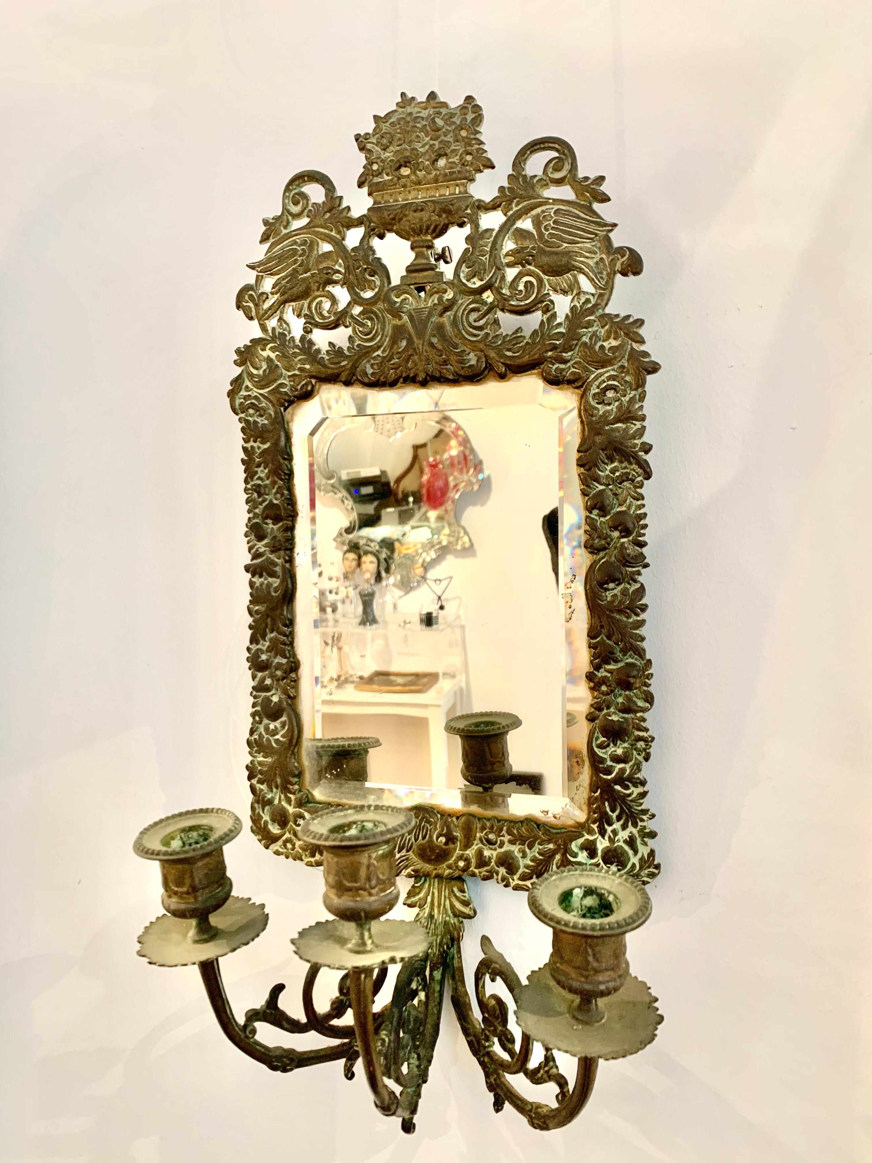 Austrian Antique 18th Century Double Eagle Wall Mirrors Candle Sconces Repoussé Brass For Sale