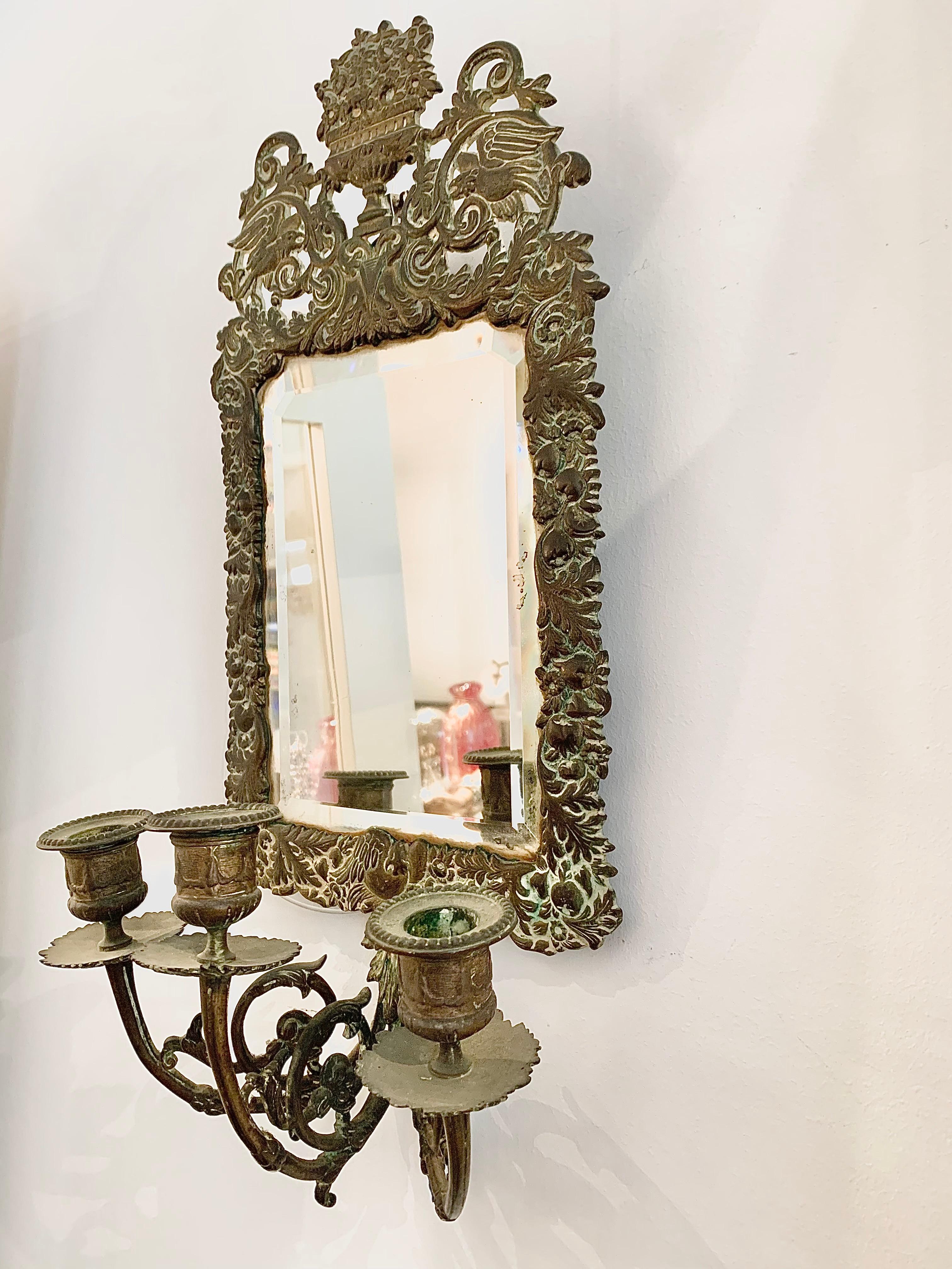 Late 18th Century Antique 18th Century Double Eagle Wall Mirrors Candle Sconces Repoussé Brass For Sale