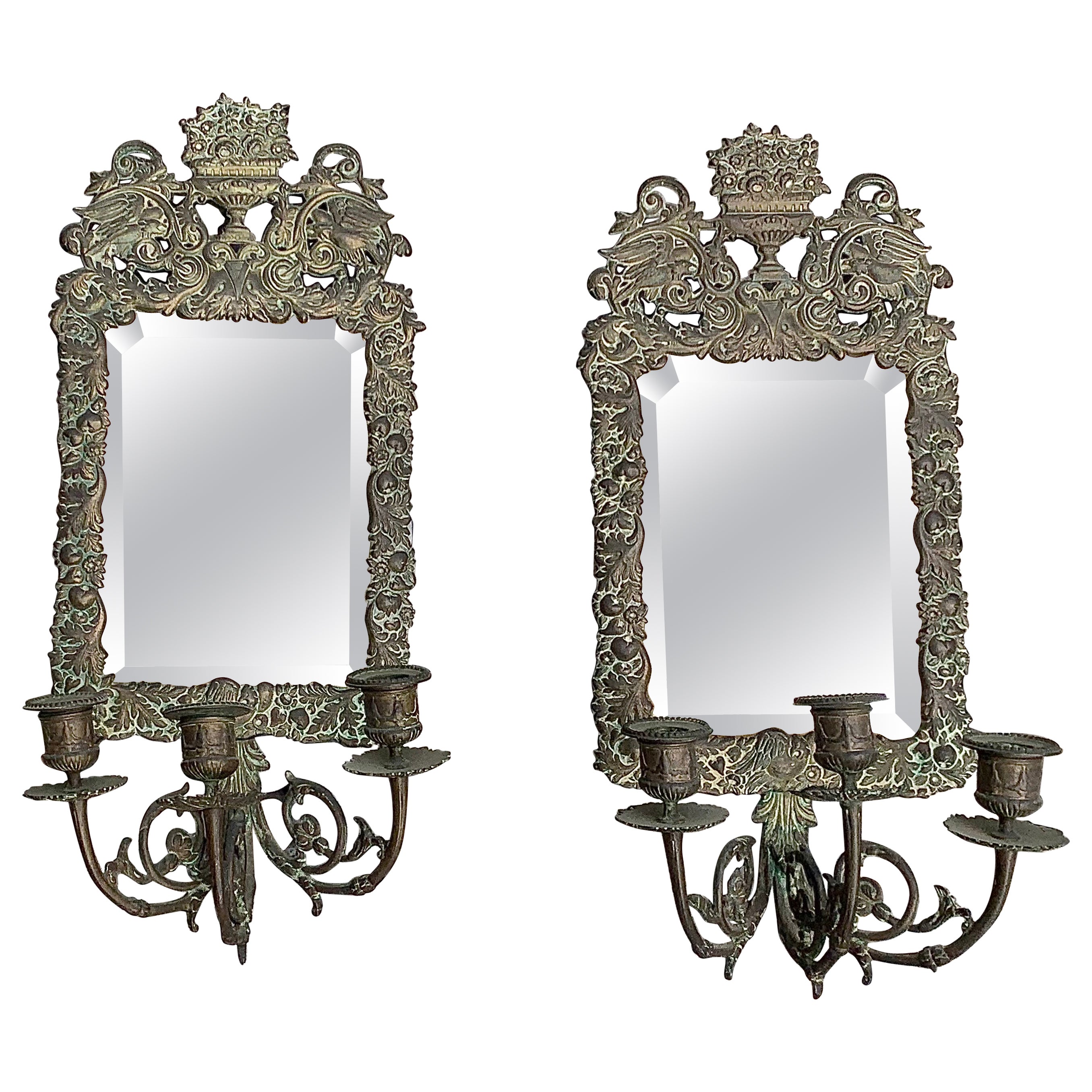 Antique 18th Century Double Eagle Wall Mirrors Candle Sconces Repoussé Brass