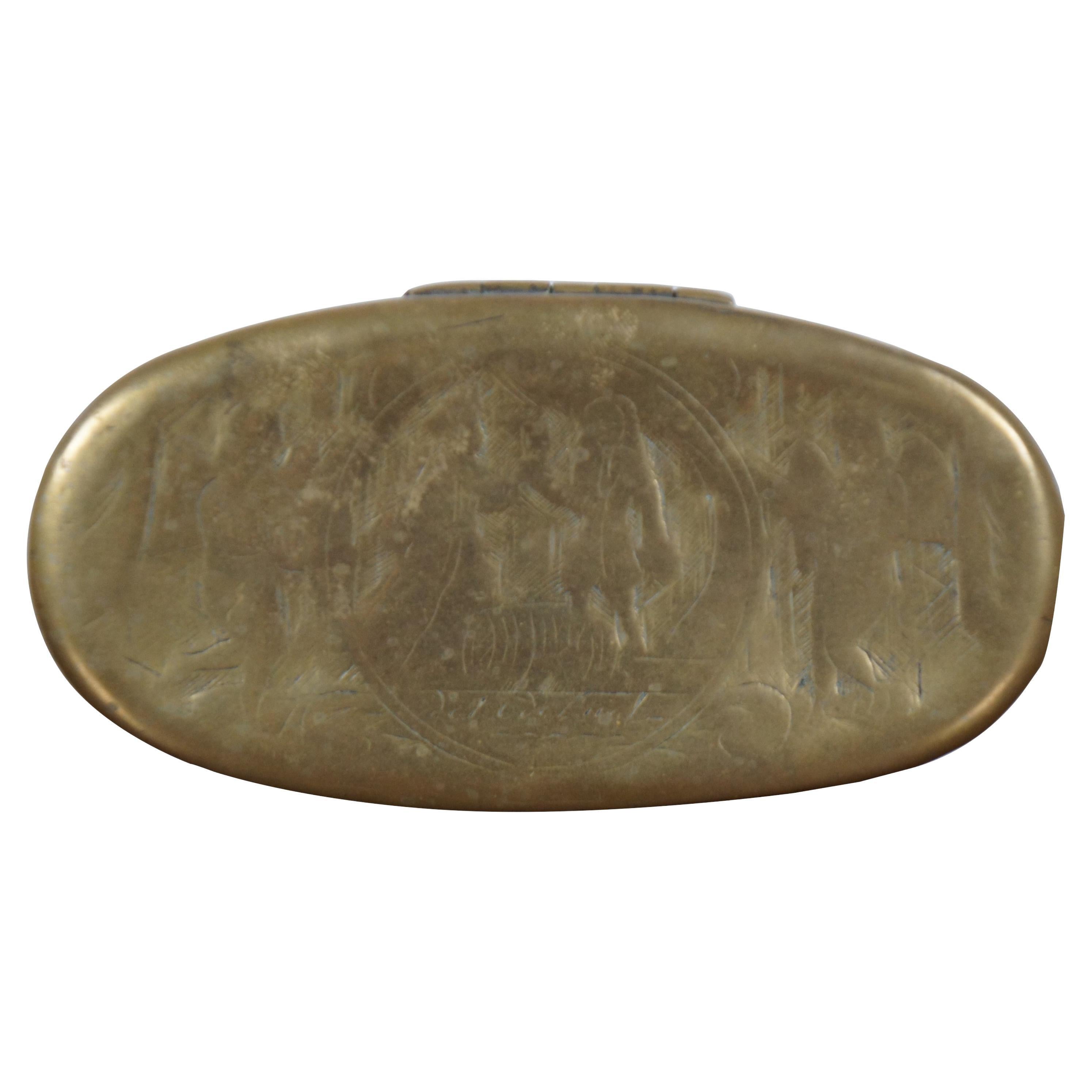 Antique 18th Century Dutch Brass Oval Etched Snuff Tobacco Trinket Box 5" For Sale
