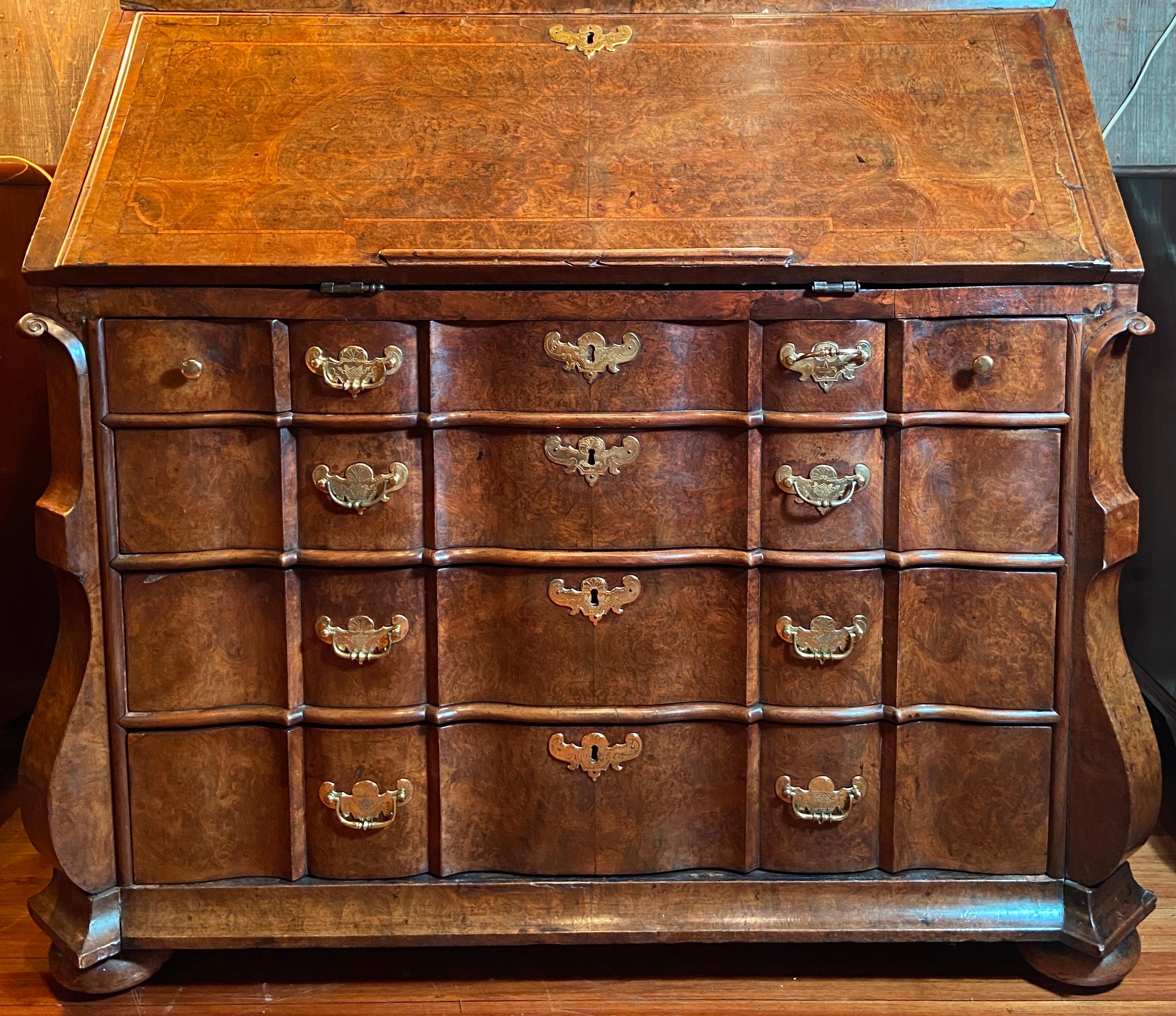 Antique 18th Century Dutch Burled Walnut Secretary Bookcase with Antique Mirror For Sale 7