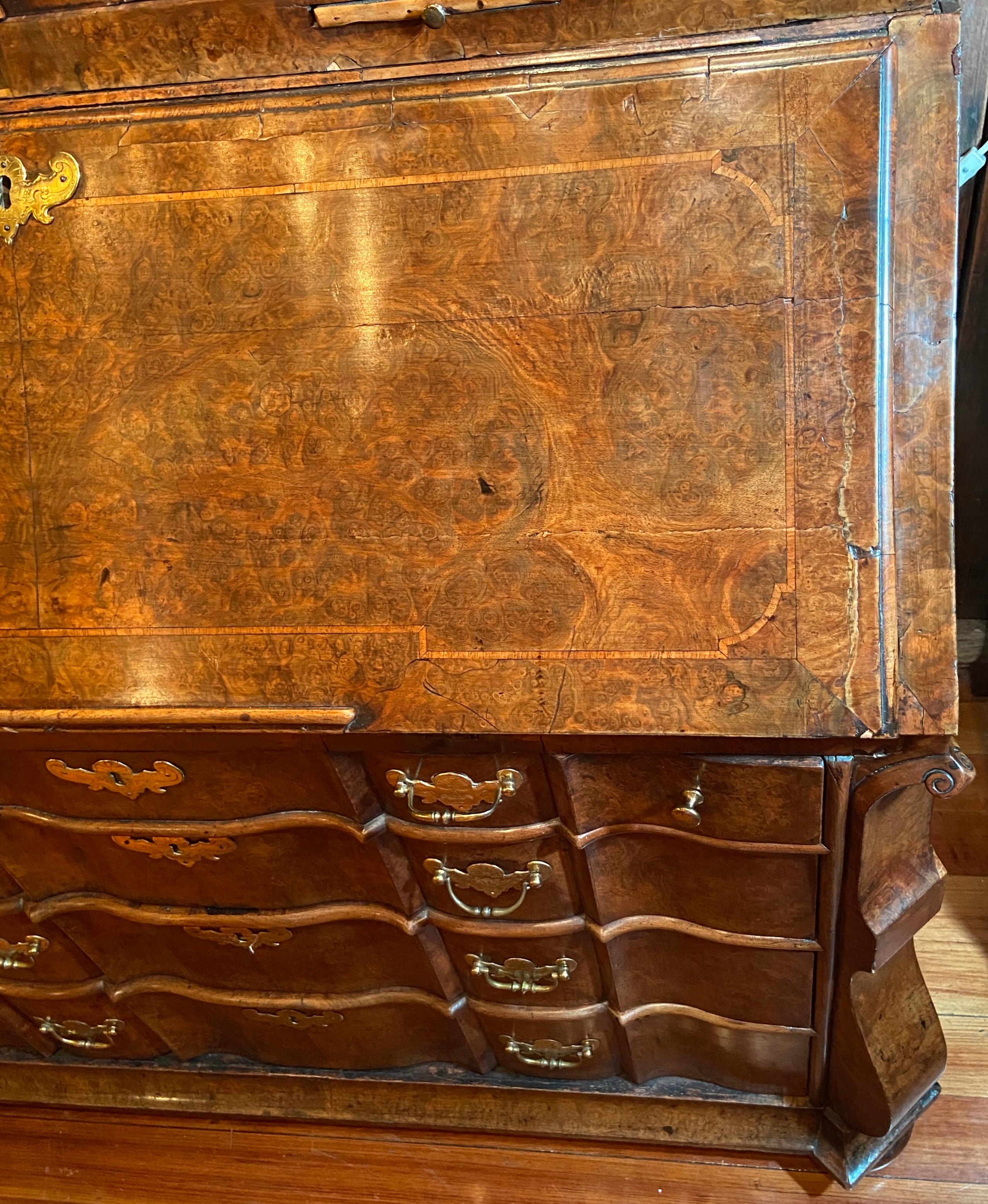 Antique 18th Century Dutch Burled Walnut Secretary Bookcase with Antique Mirror For Sale 8