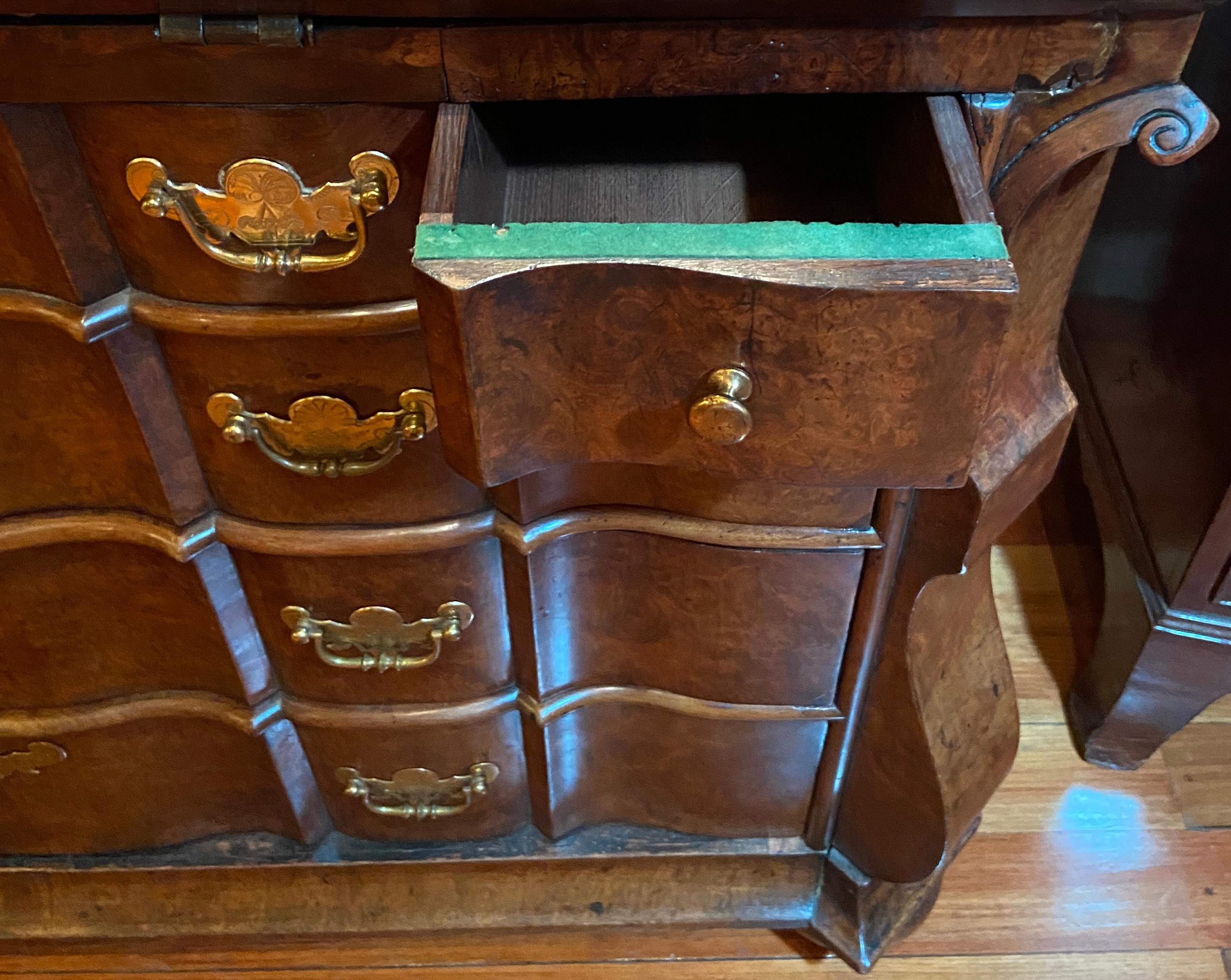 Antique 18th Century Dutch Burled Walnut Secretary Bookcase with Antique Mirror For Sale 9