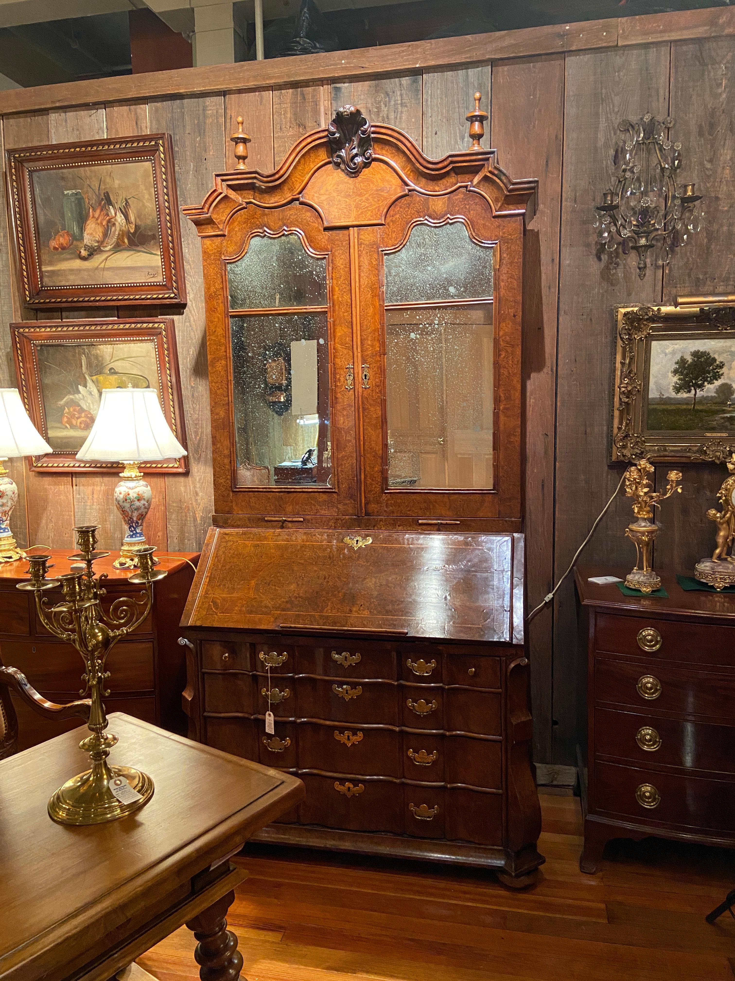Antique 18th Century Dutch Burled Walnut Secretary Bookcase with Antique Mirror For Sale 10