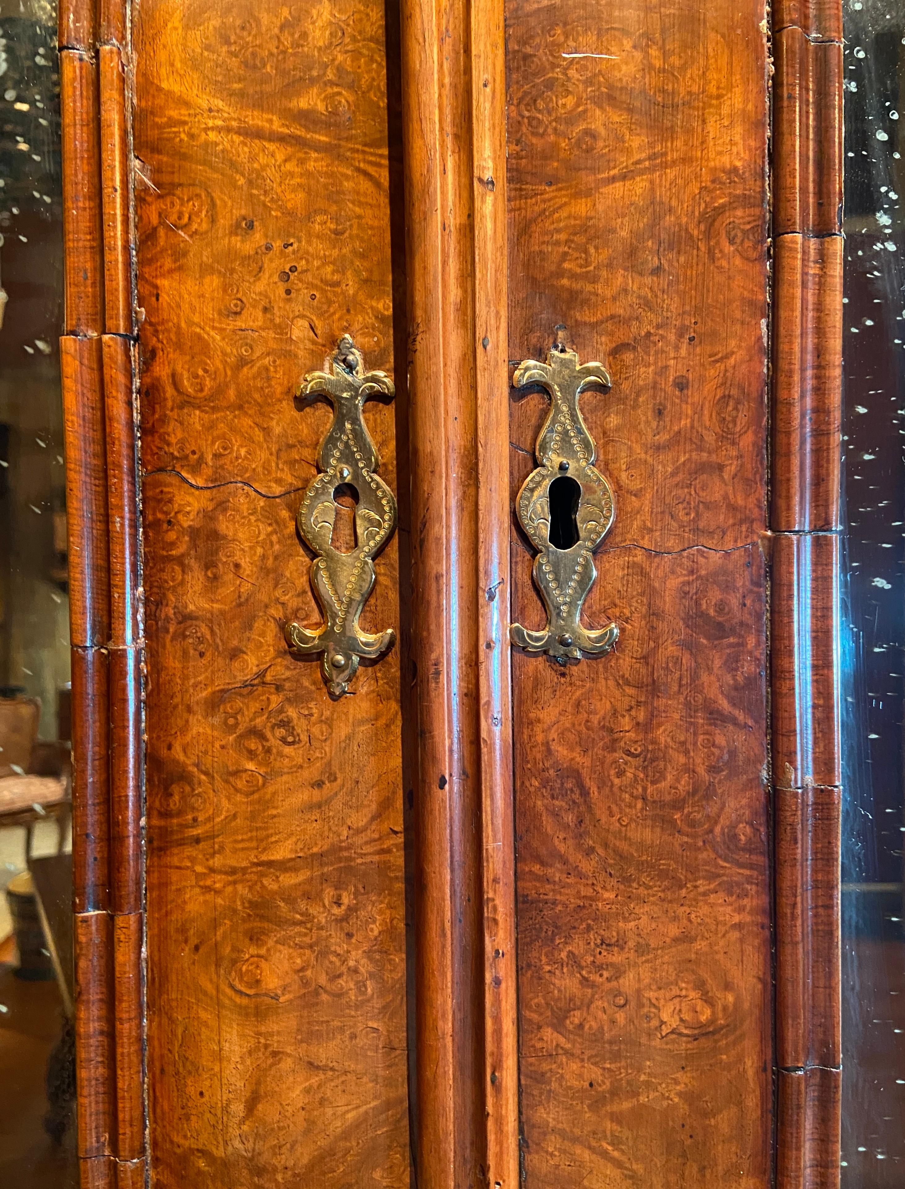 Antique 18th Century Dutch Burled Walnut Secretary Bookcase with Antique Mirror For Sale 1