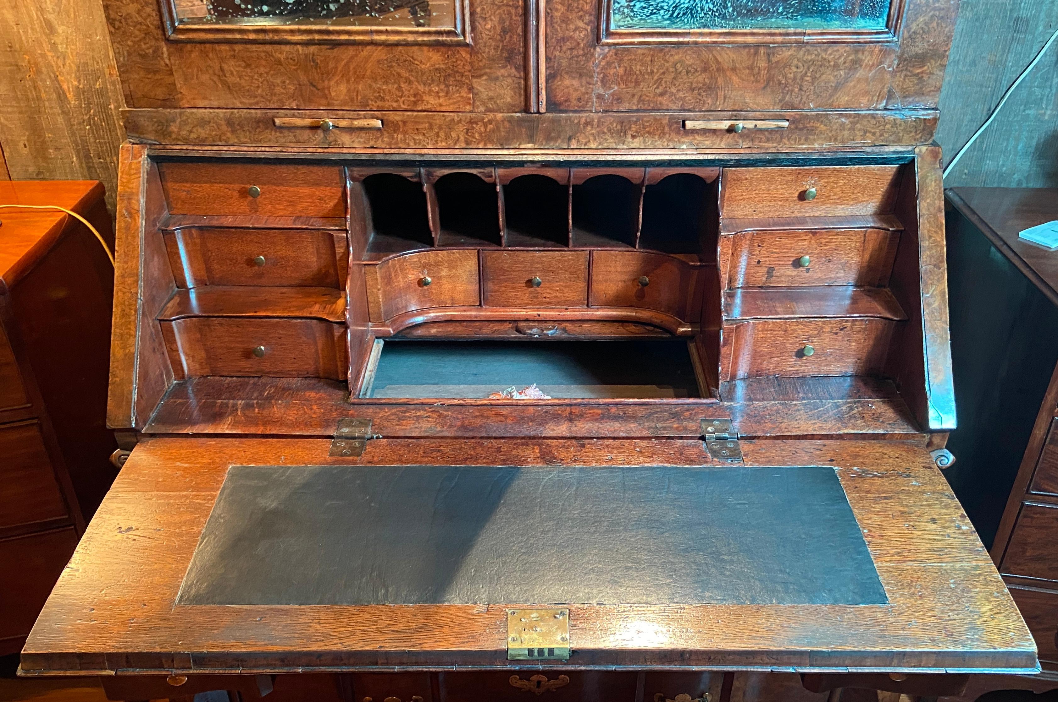 Antique 18th Century Dutch Burled Walnut Secretary Bookcase with Antique Mirror For Sale 3