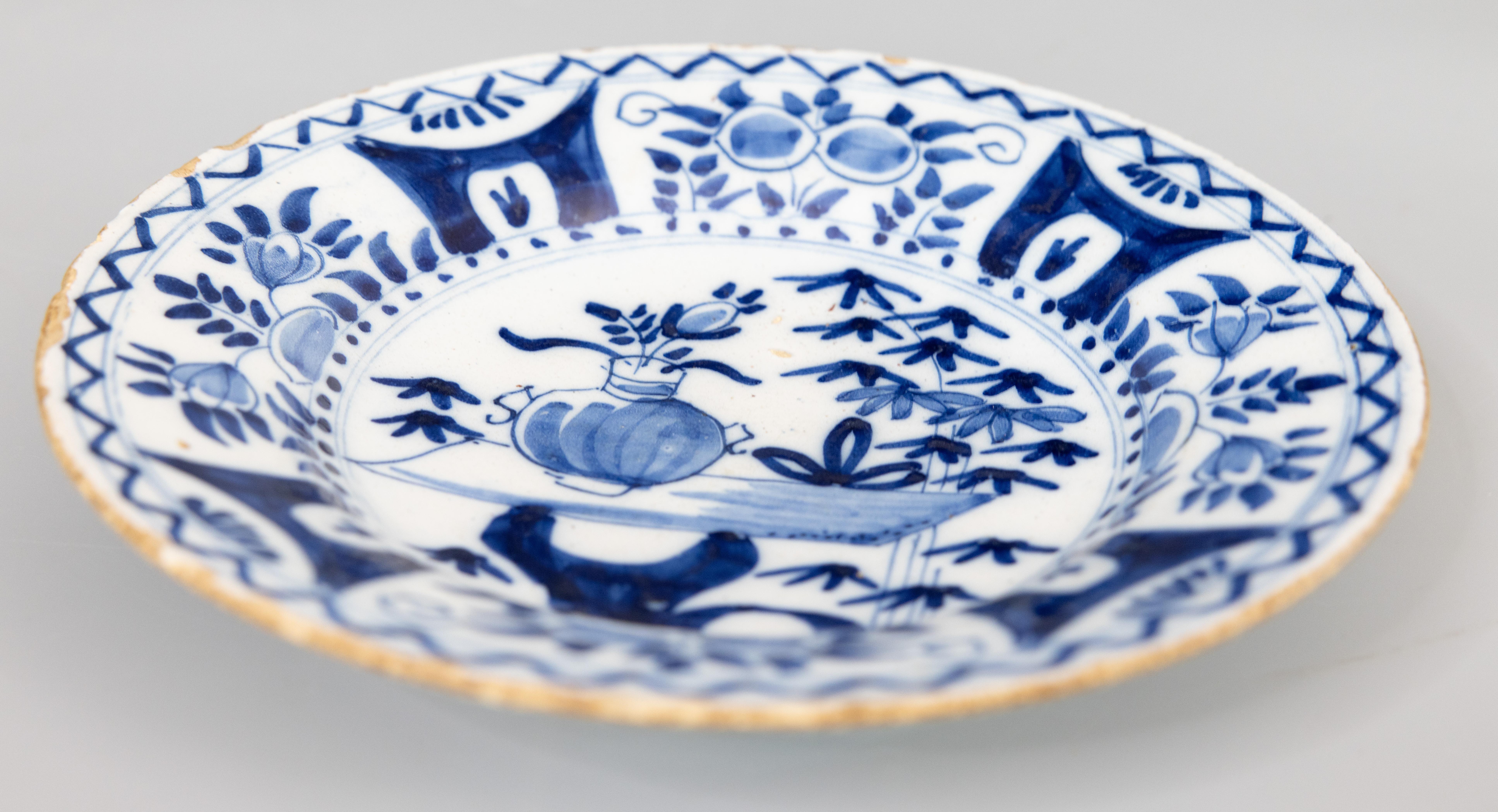 Antique 18th Century Dutch Delft Chinoiserie Floral Plate In Good Condition For Sale In Pearland, TX