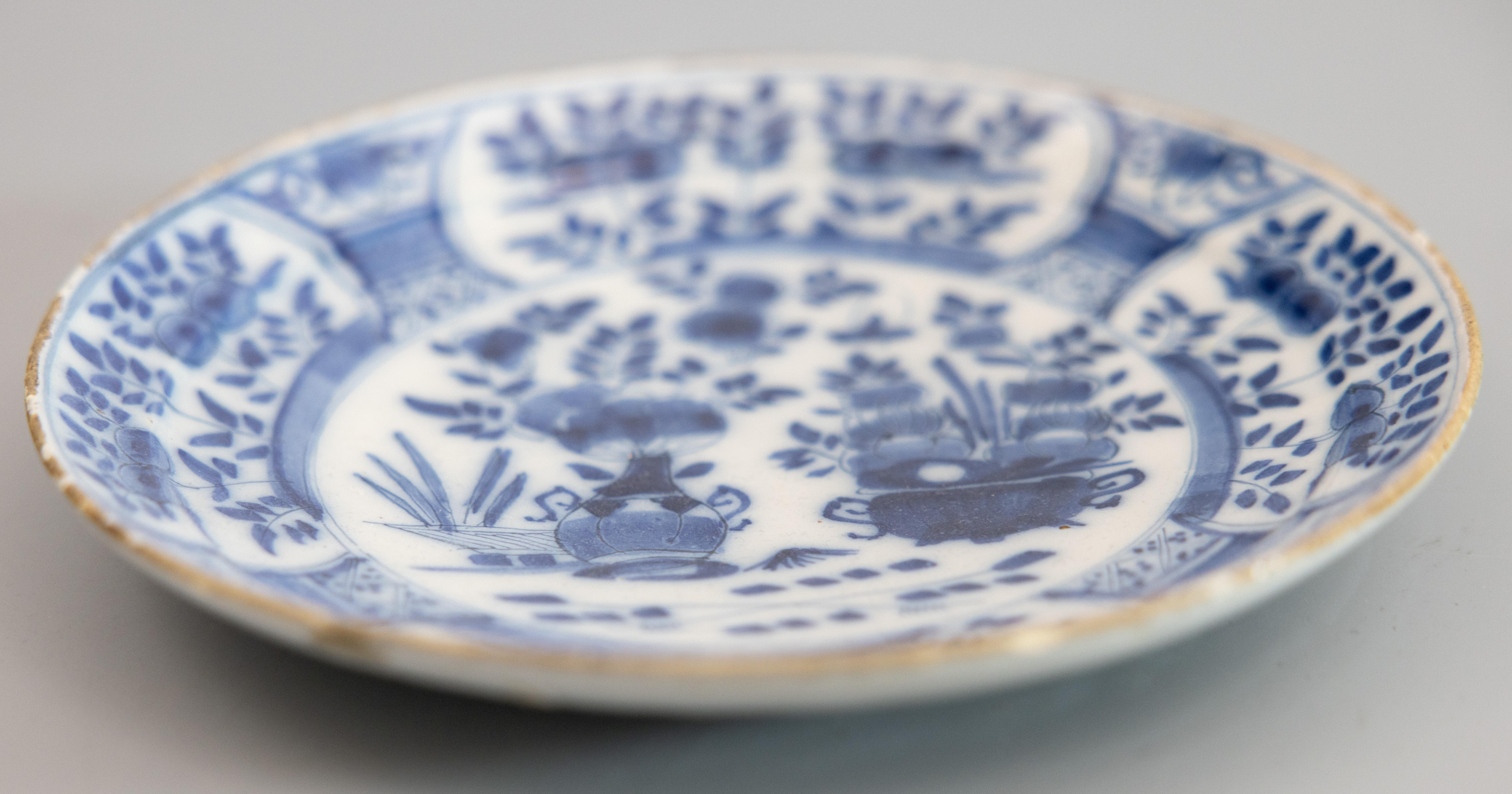 Antique 18th Century Dutch Delft Chinoiserie Floral Plate In Good Condition In Pearland, TX