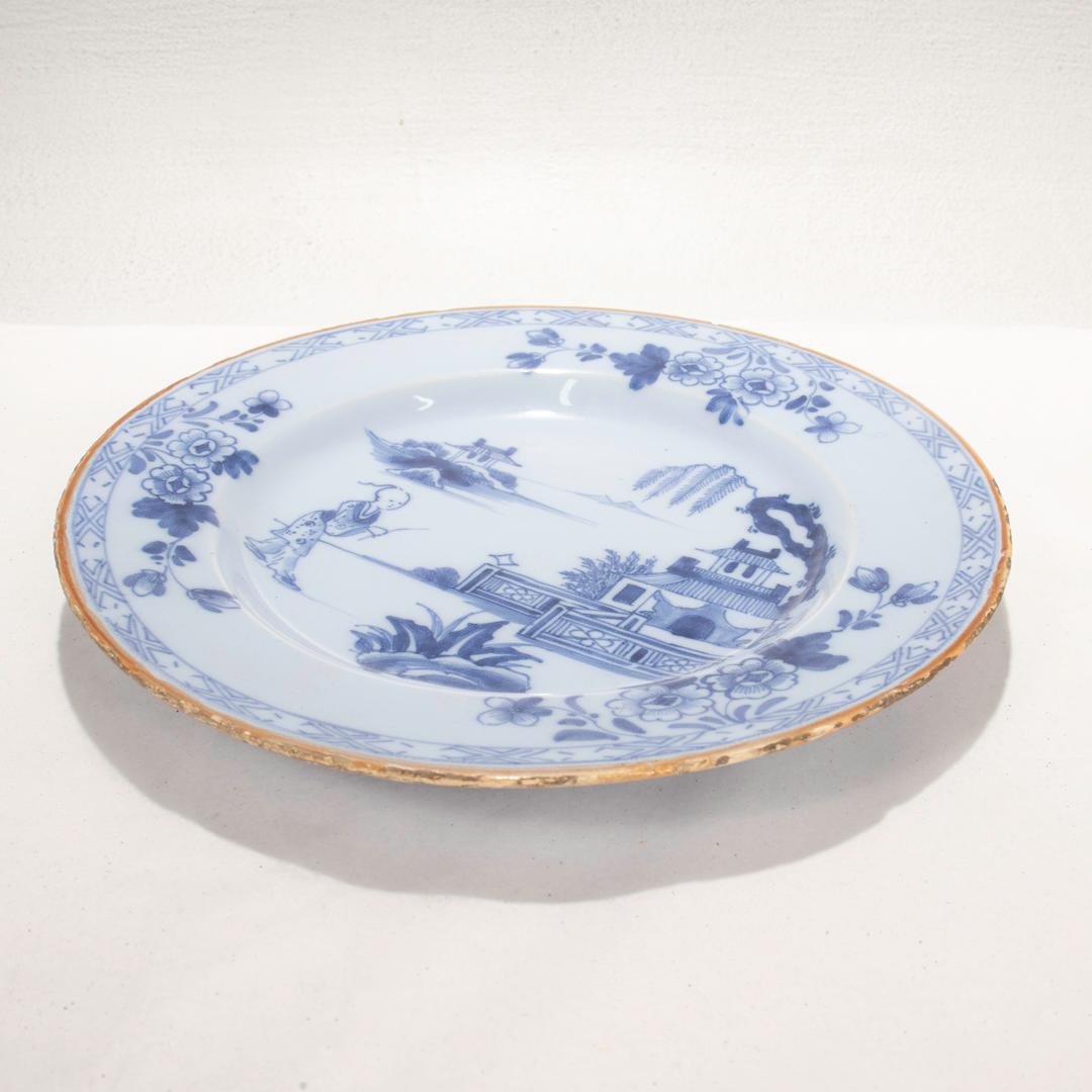 18th Century and Earlier Antique 18th Century Dutch Delft Chinoiserie Plate  For Sale