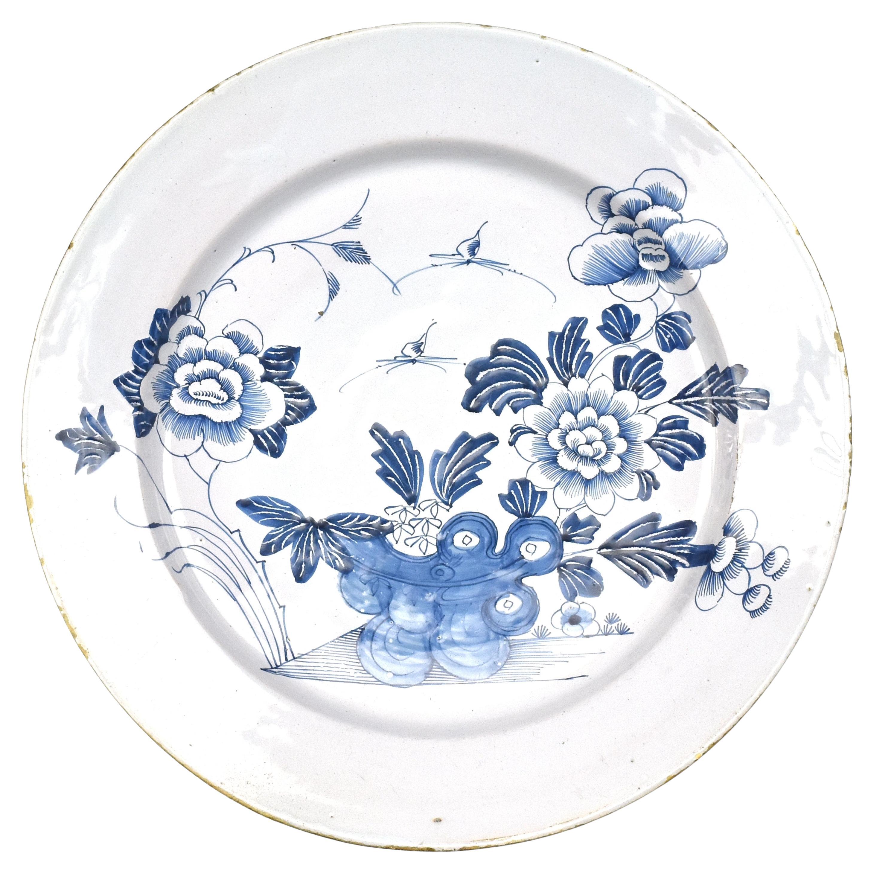 Antique 18th Century Dutch Delft Chinoserie Plate w. Peony & Chrysanthemum For Sale