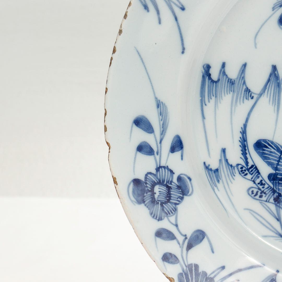 18th Century and Earlier Antique 18th Century Dutch Delft Chinoserie Plate with a Peony Flower