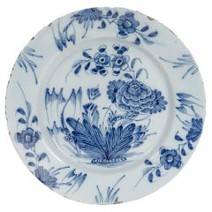 Antique 18th Century Dutch Delft Chinoserie Plate with a Peony Flower