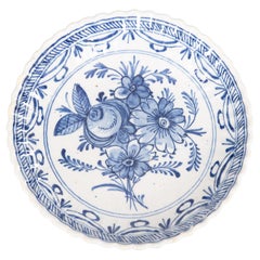 Antique 18th Century Dutch Delft Faience Ruffled Floral Plate