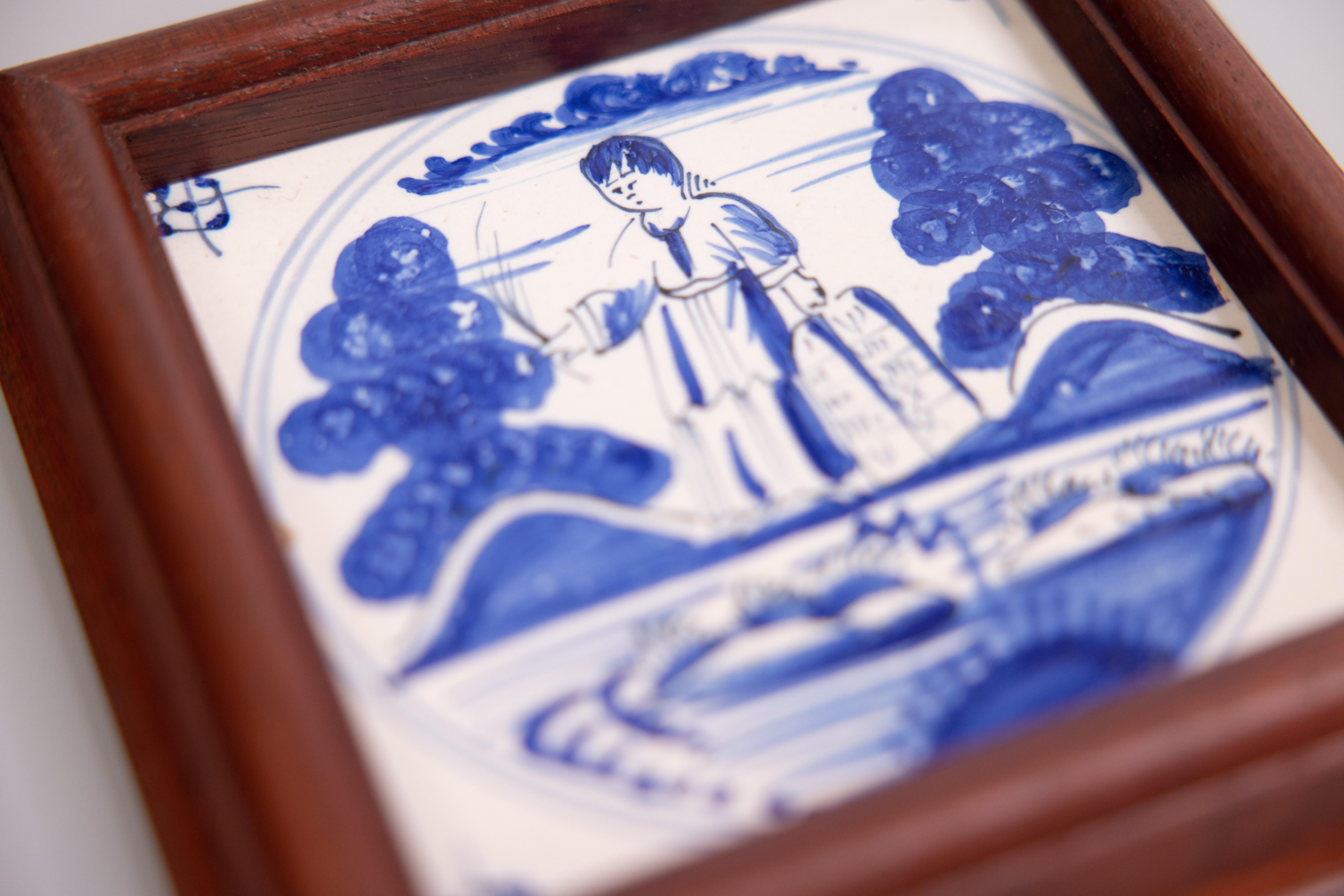 Antique 18th Century Dutch Delft Framed Biblical Tile In Good Condition For Sale In Pearland, TX