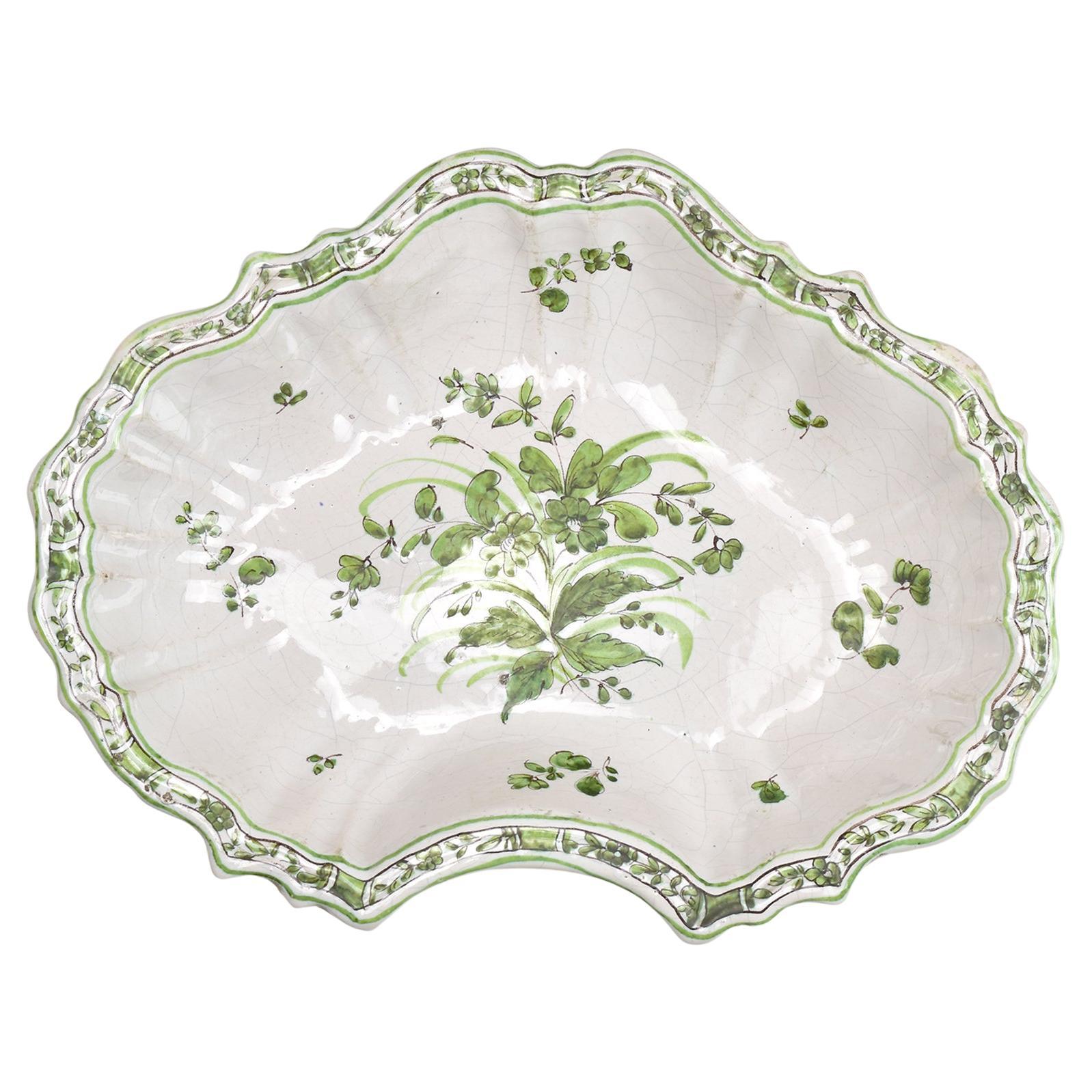 Antique 18th Century Dutch Delft or Samadet Green Faience Barber's Bowl