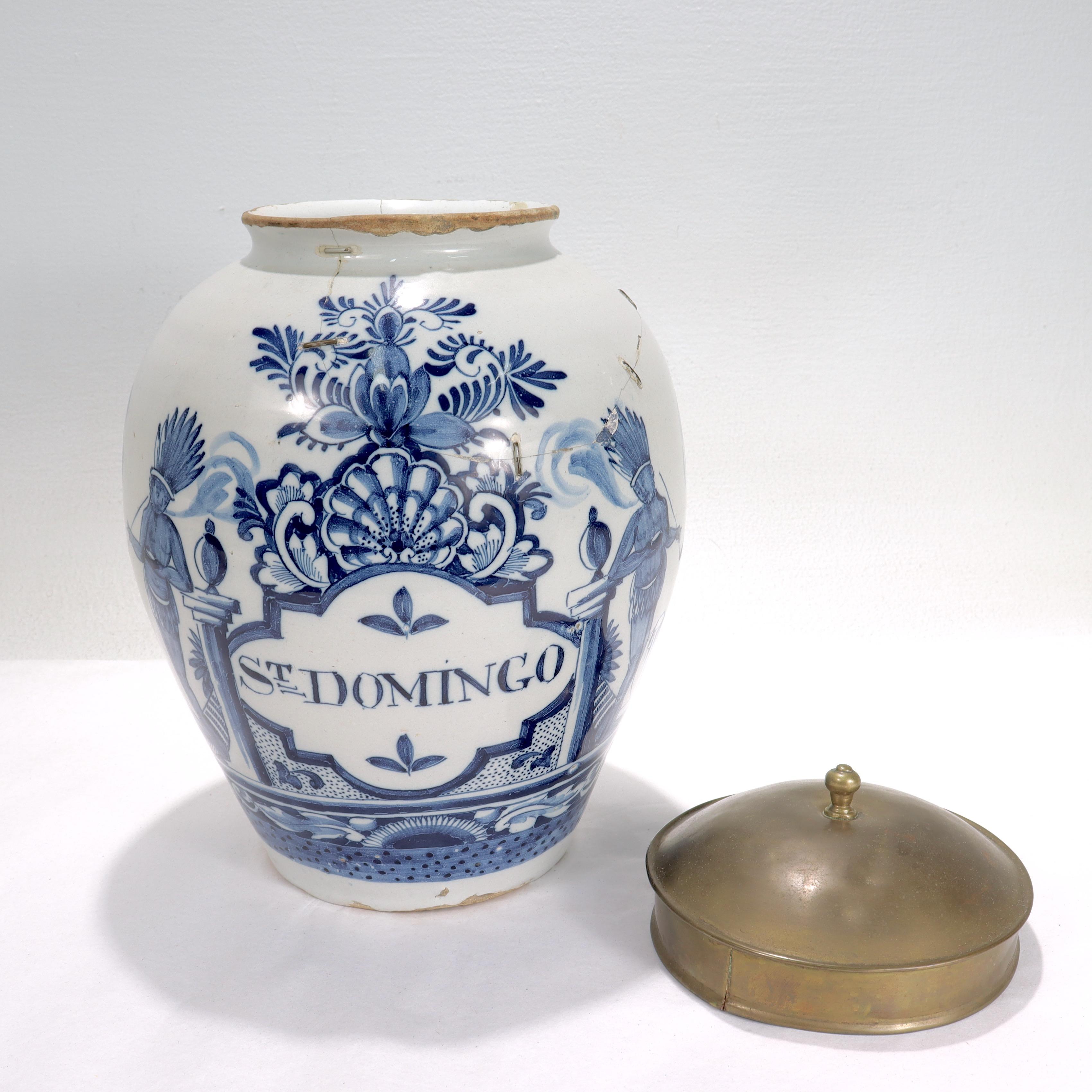 Antique 18th Century Dutch Delft St. Domingo Tobacco Jar with American Indian 3