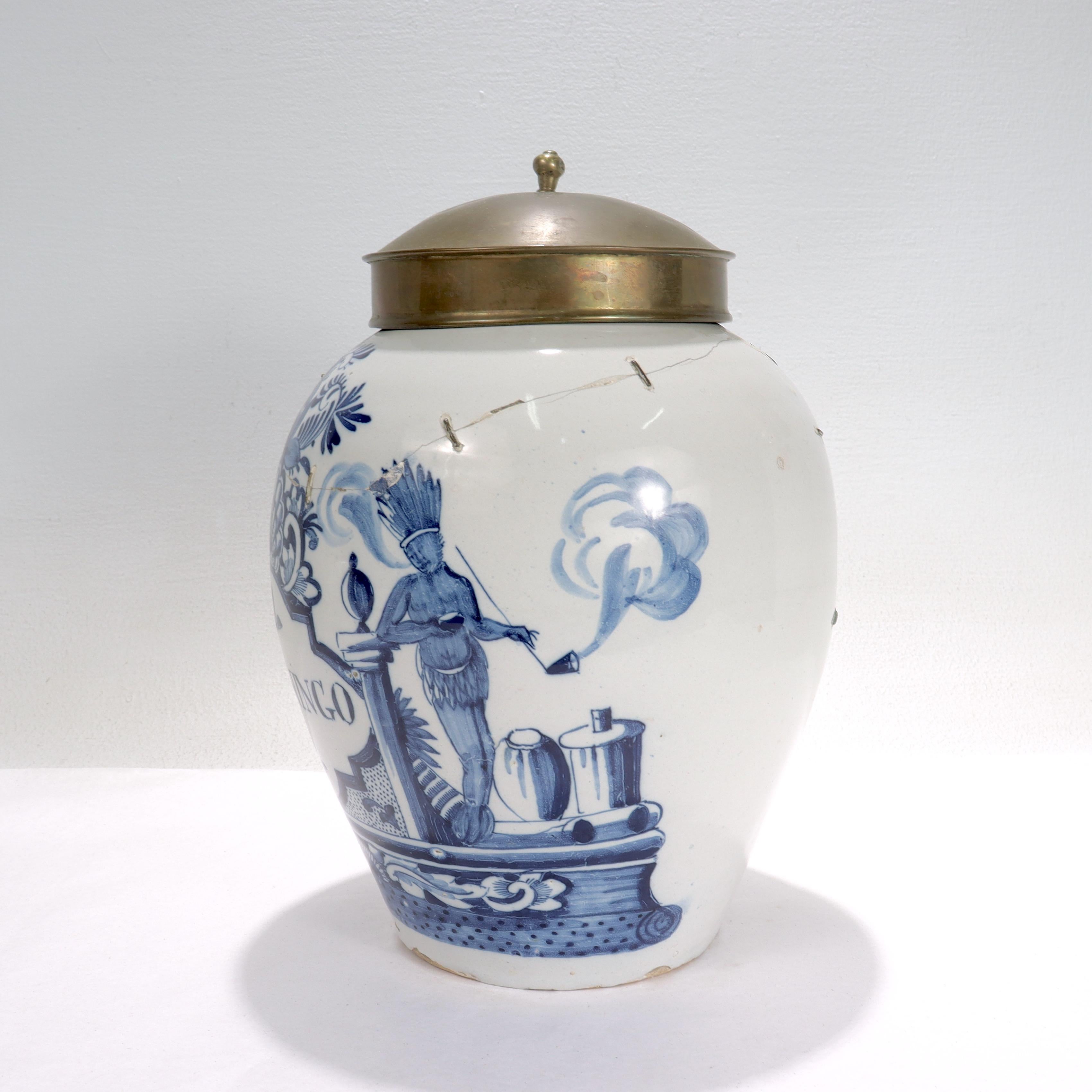 Baroque Antique 18th Century Dutch Delft St. Domingo Tobacco Jar with American Indian