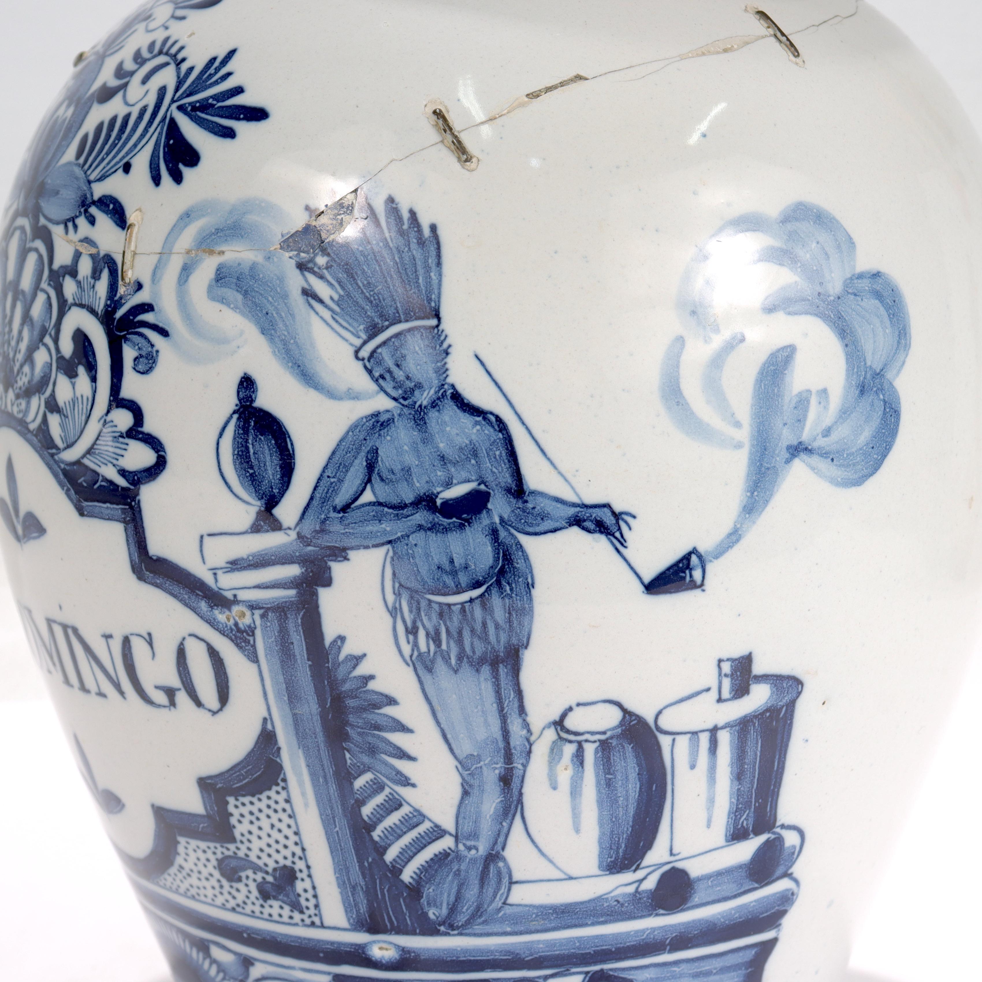 Hand-Painted Antique 18th Century Dutch Delft St. Domingo Tobacco Jar with American Indian
