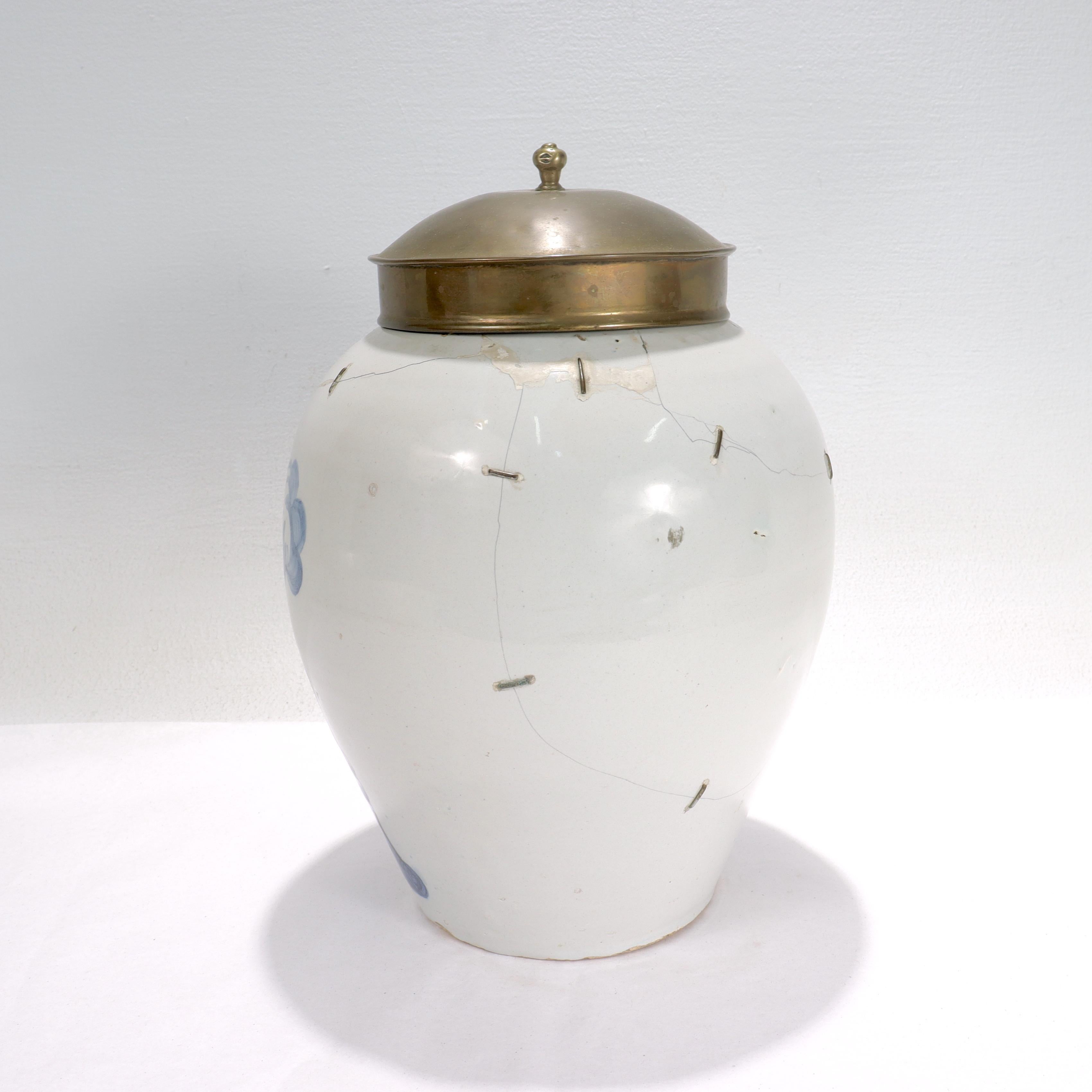 Antique 18th Century Dutch Delft St. Domingo Tobacco Jar with American Indian In Fair Condition In Philadelphia, PA