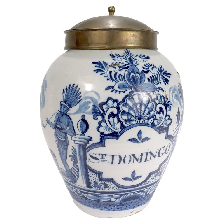 Antique 18th Century Dutch Delft St. Domingo Tobacco Jar with American  Indian at 1stDibs