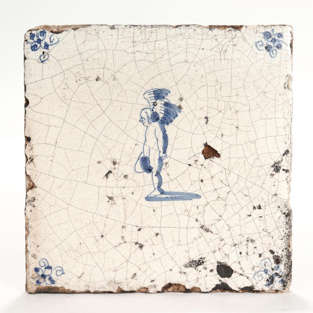 A fine antique 18th century Dutch Delft pottery tile.

Depicting a cupid or angel in profile. 

Simply a wonderful tile!

Date:
18th Century

Overall Condition:
It is in overall fair, as-pictured, used estate condition.

Condition