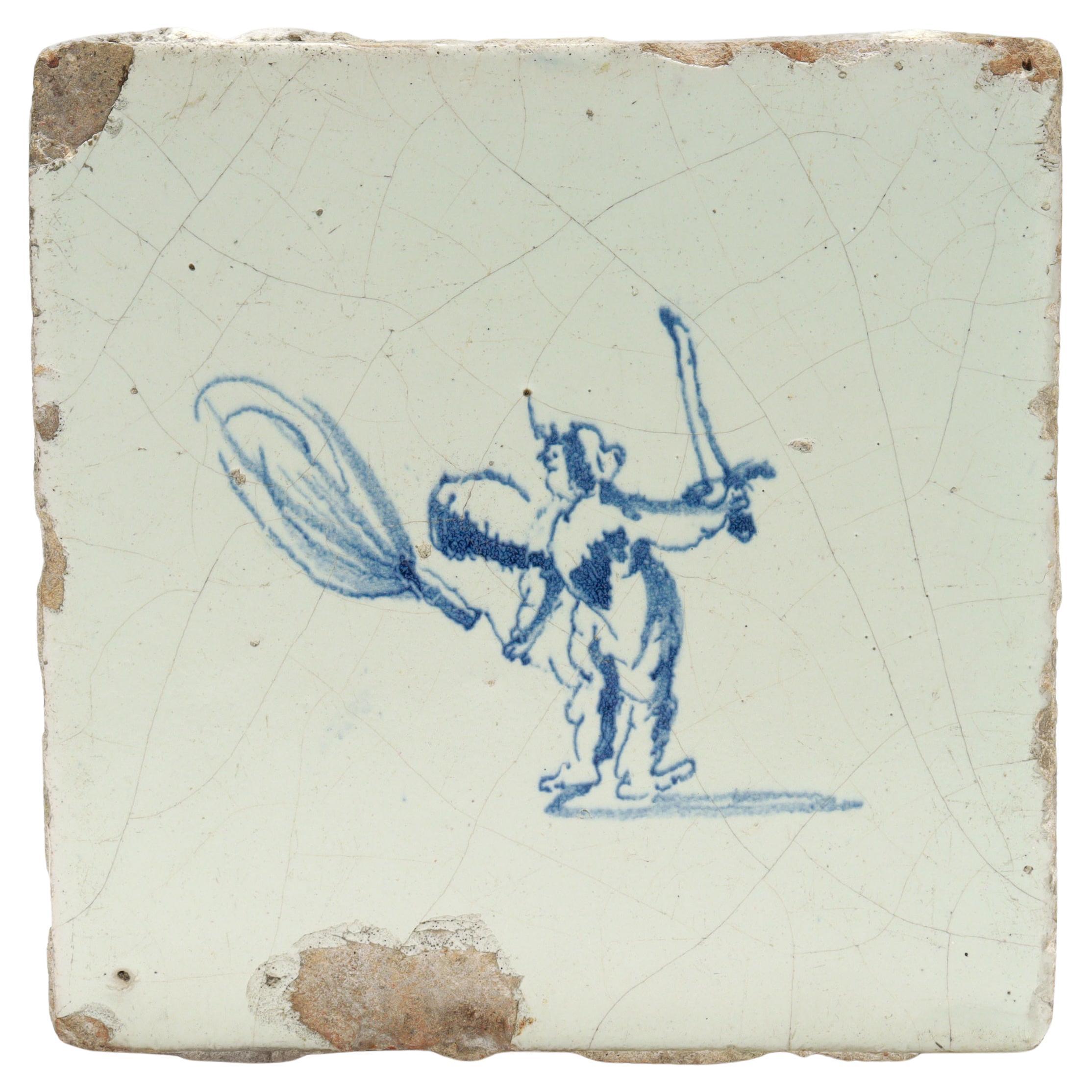 Antique 18th Century Dutch Delft Tile of a Cupid or an Angel