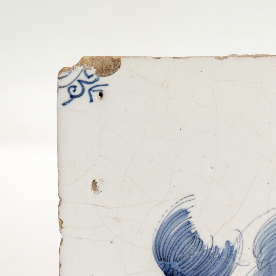 18th Century and Earlier Antique 18th Century Dutch Delft Tile of a Mermaid & Serpent For Sale