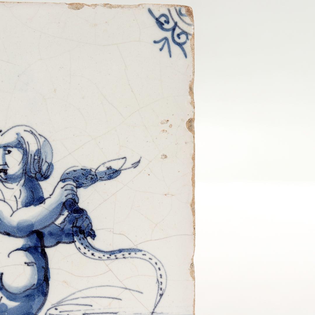 Antique 18th Century Dutch Delft Tile of a Mermaid & Serpent For Sale 2