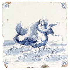 Antique 18th Century Dutch Delft Tile of a Mermaid & Serpent