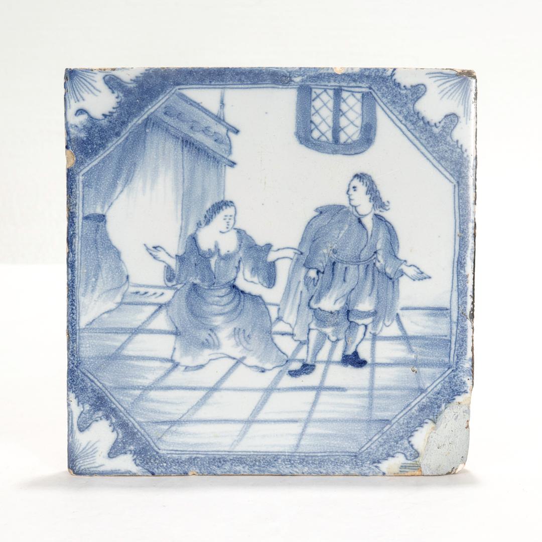 A fine antique 18th century Dutch Delft pottery tile.

With a chamber scene depicting a man and a woman with bare breasts together in a bedroom. Perhaps spouses or lovers.

Simply a wonderful antique Dutch Delft tile!

Date:
18th