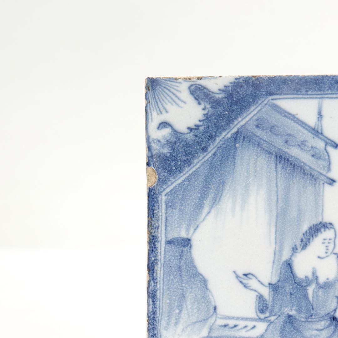Ceramic Antique 18th Century Dutch Delft Tile of Lovers or Man with Bare Breasted Woman For Sale